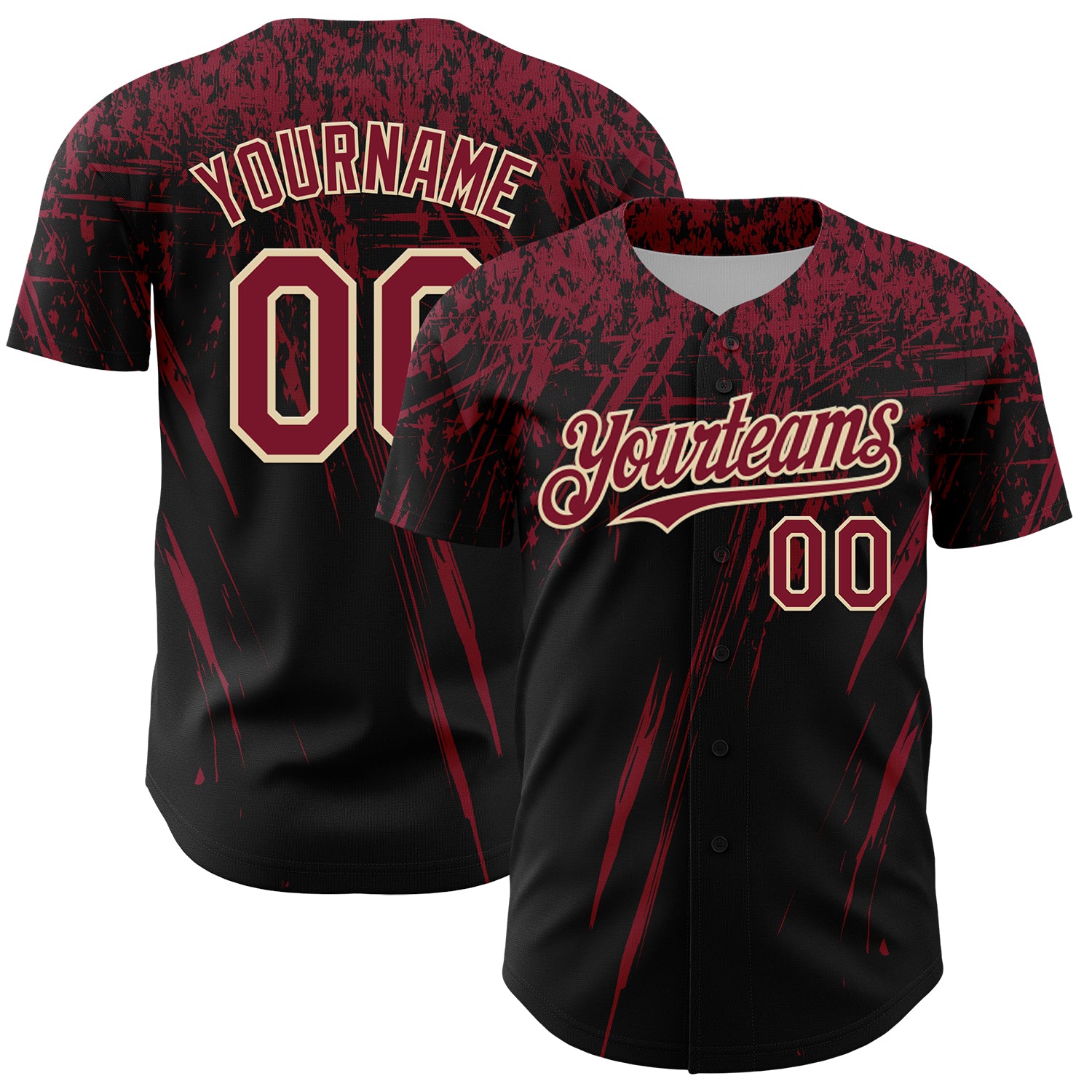 Custom Black Crimson-Cream Distressed Scratch Brush Stroke Authentic Baseball Jersey