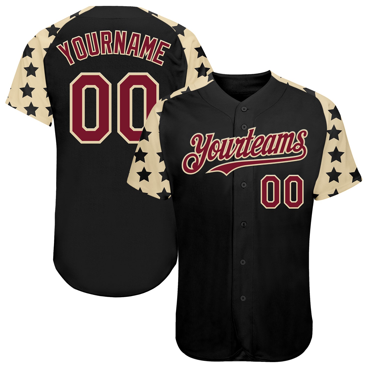 Custom Black Crimson-Cream Star Raglan Sleeves Authentic Baseball Jersey