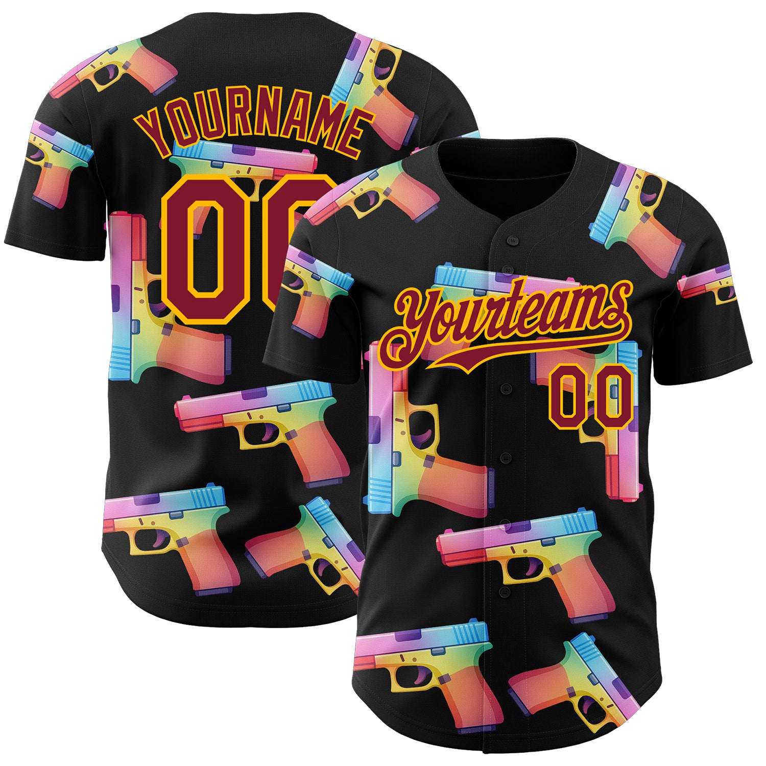 Custom Black Crimson-Gold Colorful Firepower 3D Pattern Design Authentic Baseball Jersey