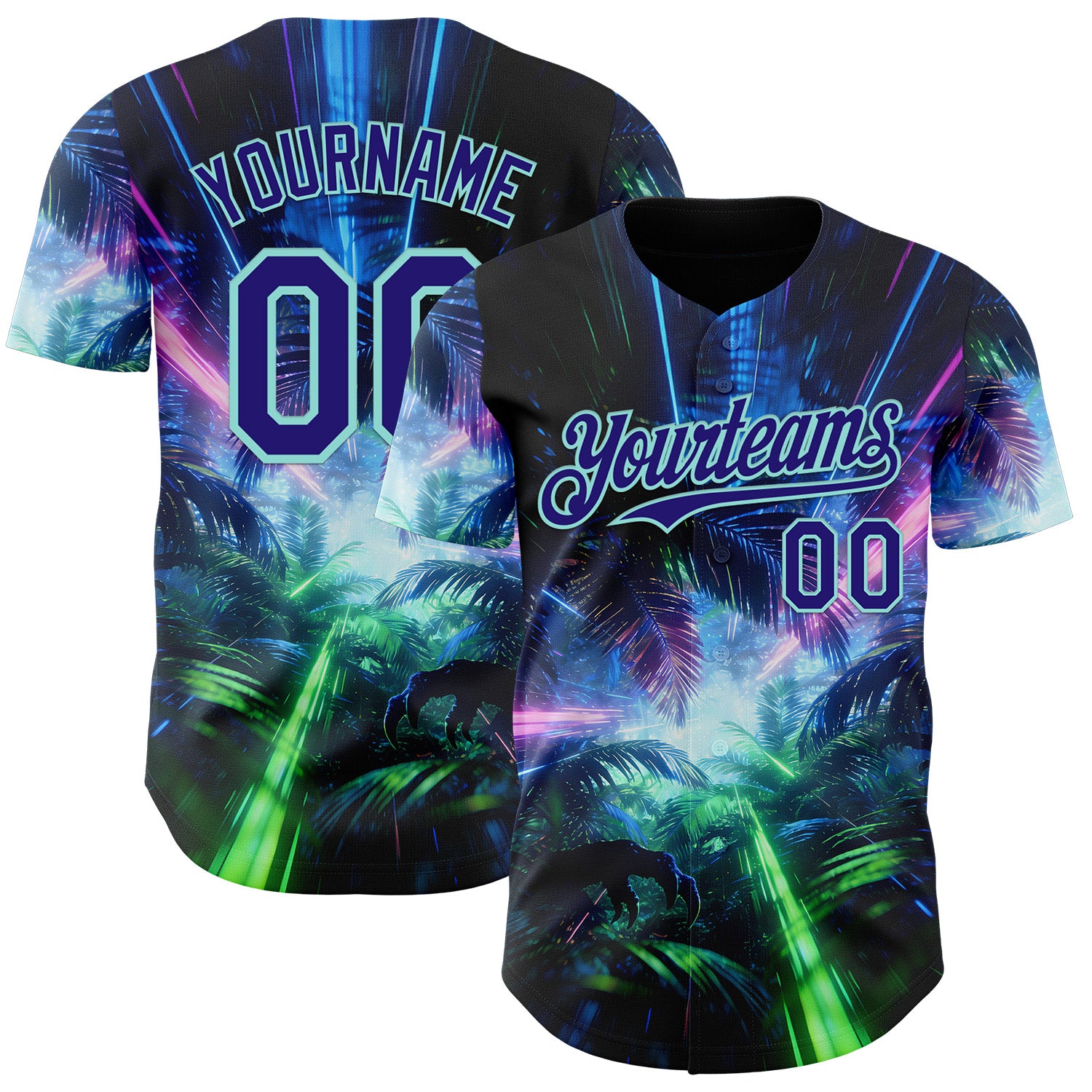 Custom Black Dark Purple-Ice Blue Cyber Tropical Palm Trees Dinosaur Gothic Fantasy Authentic Baseball Jersey
