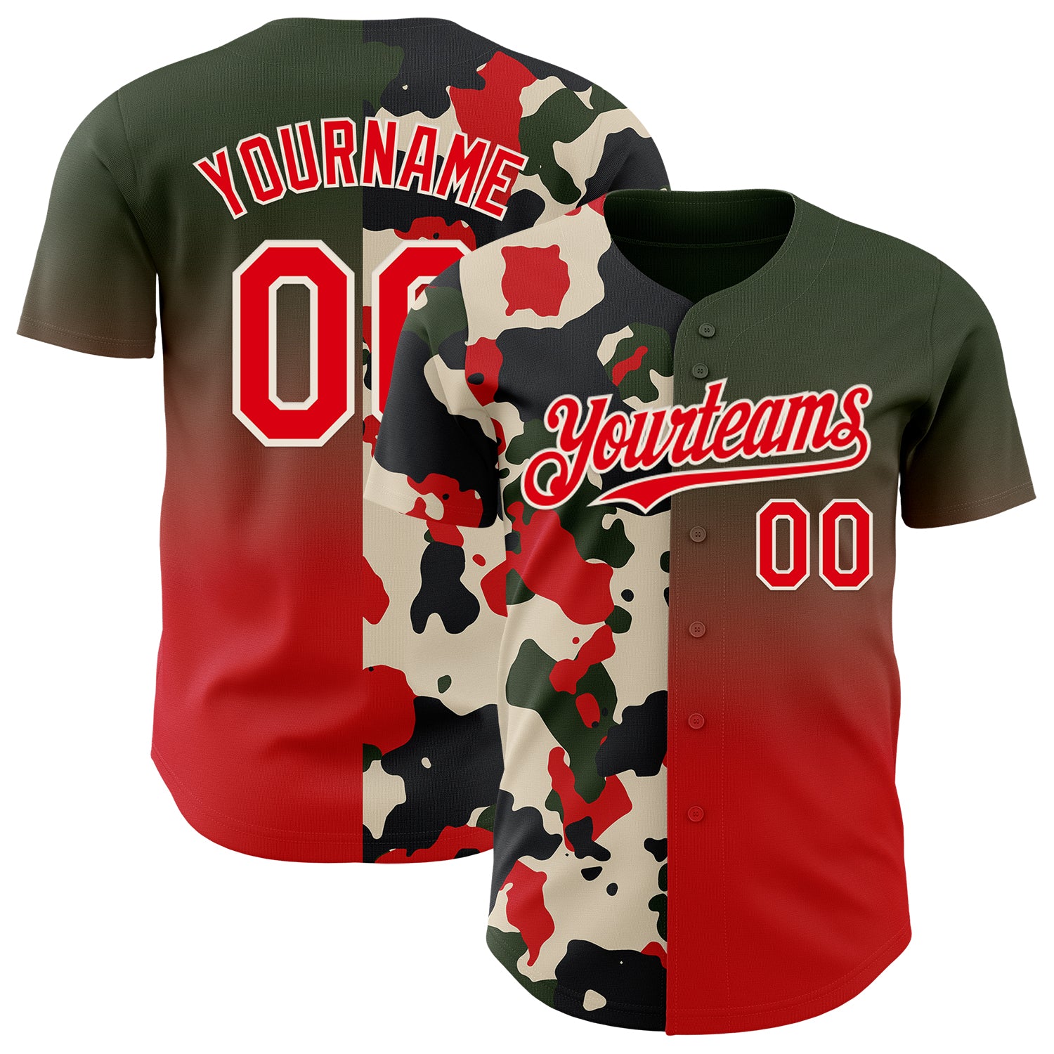 Custom Black Fire Red-Cream Half Camo Ombre Authentic Baseball Jersey