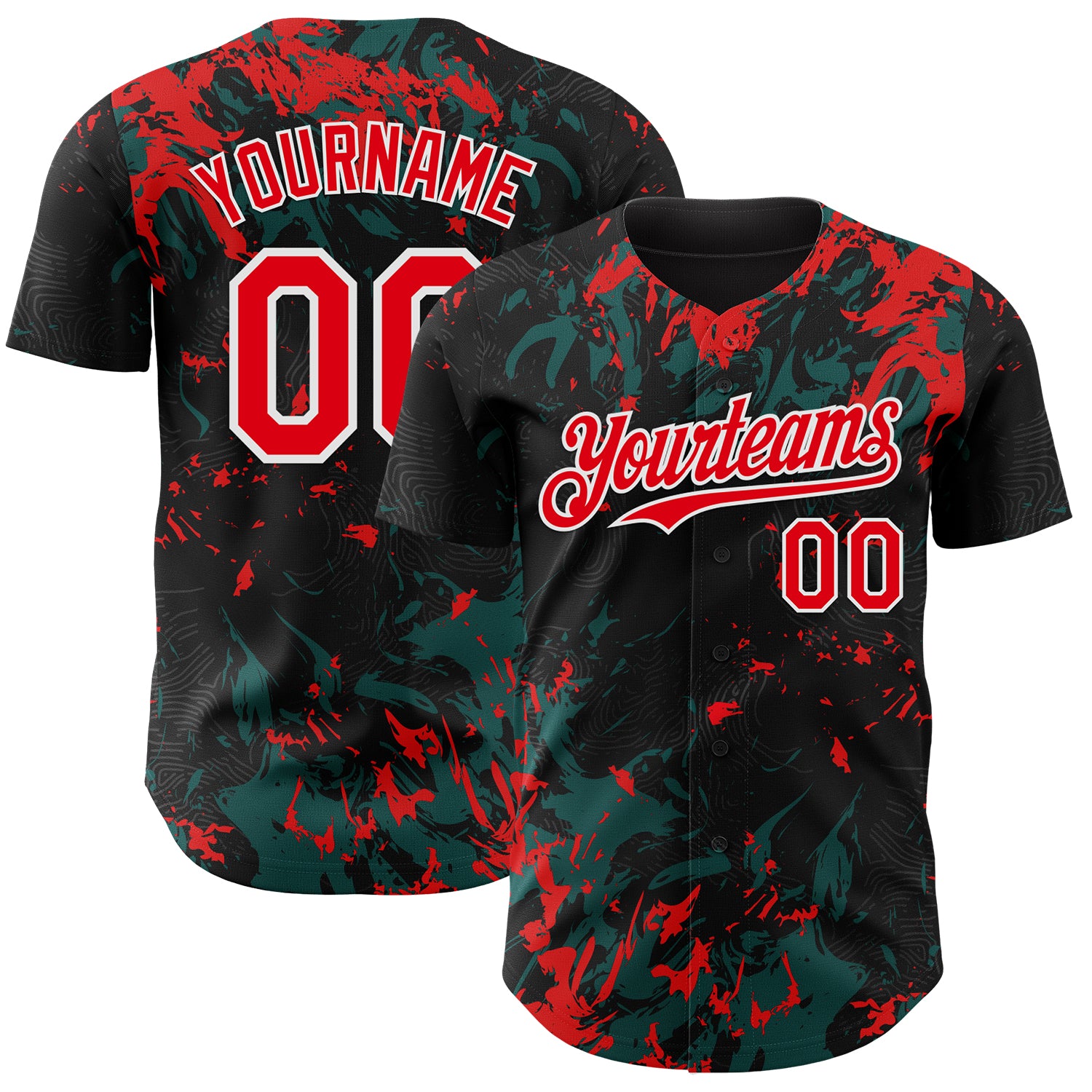 Custom Black Fire Red Midnight Green-White 3D Pattern Design Splash Authentic Baseball Jersey