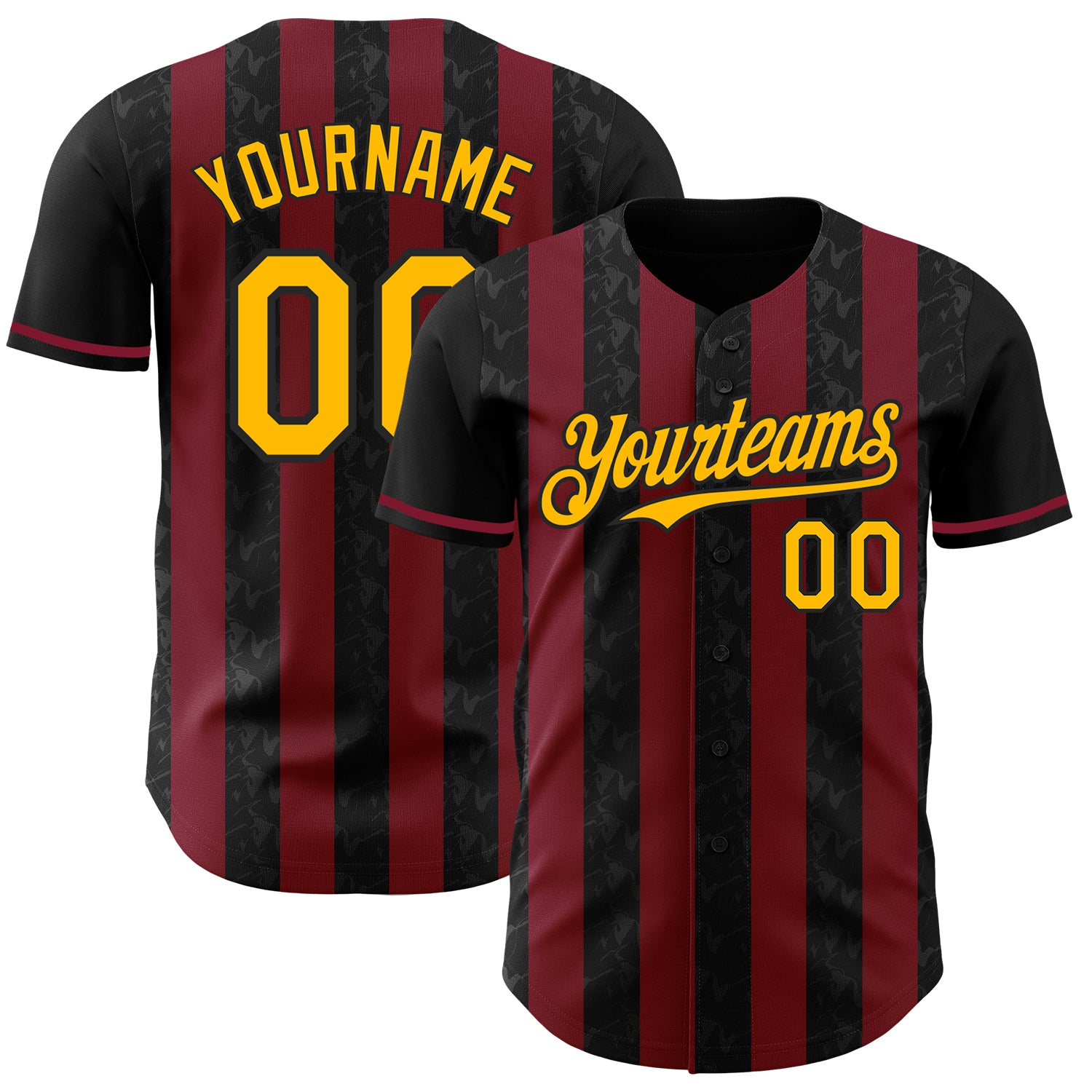 Custom Black Gold-Crimson Classic Vertical Stripe Fluid Liquid Texture Authentic Baseball Jersey