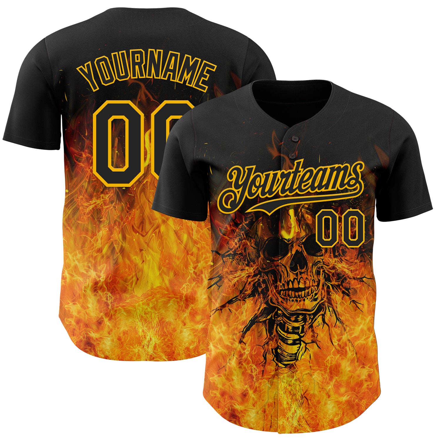 Custom Black-Gold Flames Skull Authentic Baseball Jersey
