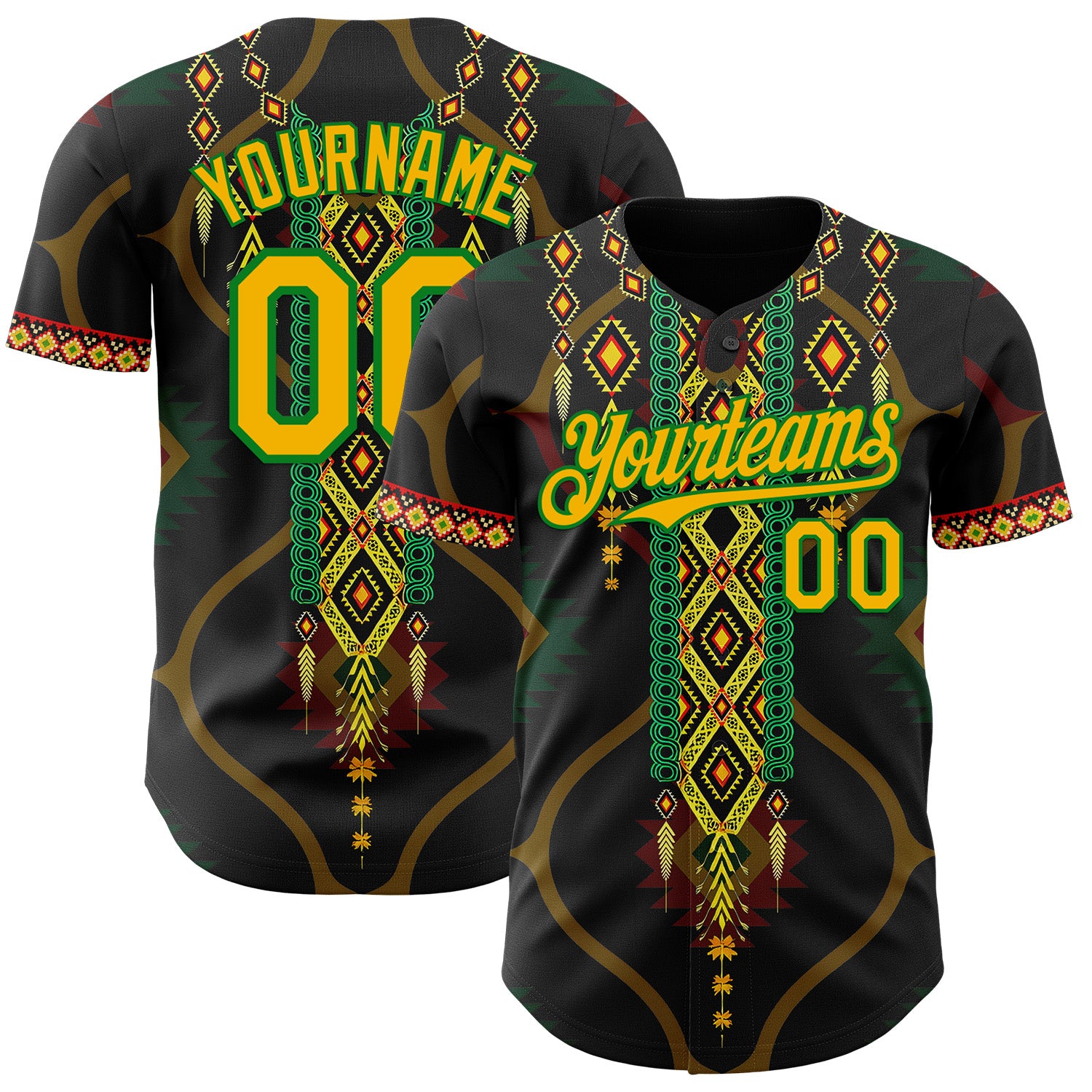 Custom Black Gold Grass Green-Red 3D Pattern Design Black History Month Africa Tribal Authentic Baseball Jersey