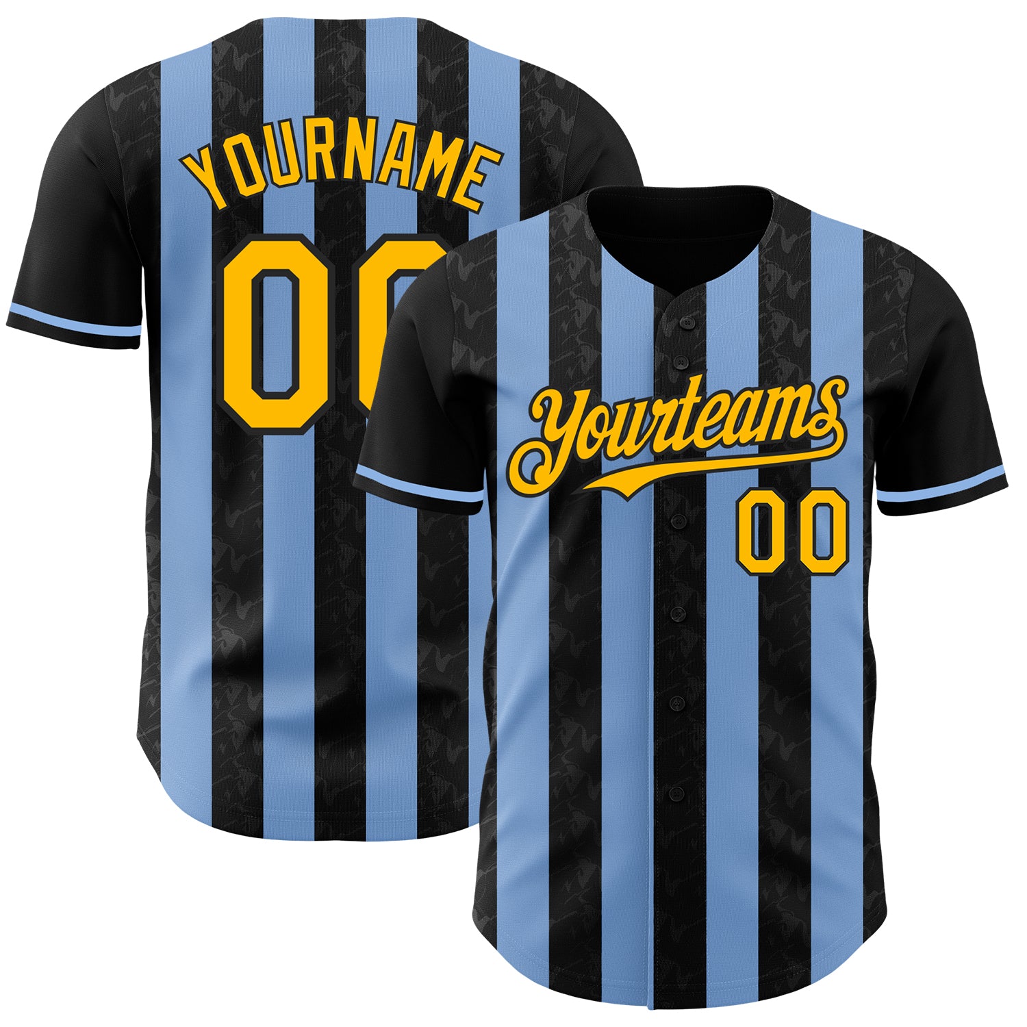 Custom Black Gold-Light Blue Classic Vertical Stripe Fluid Liquid Texture Authentic Baseball Jersey