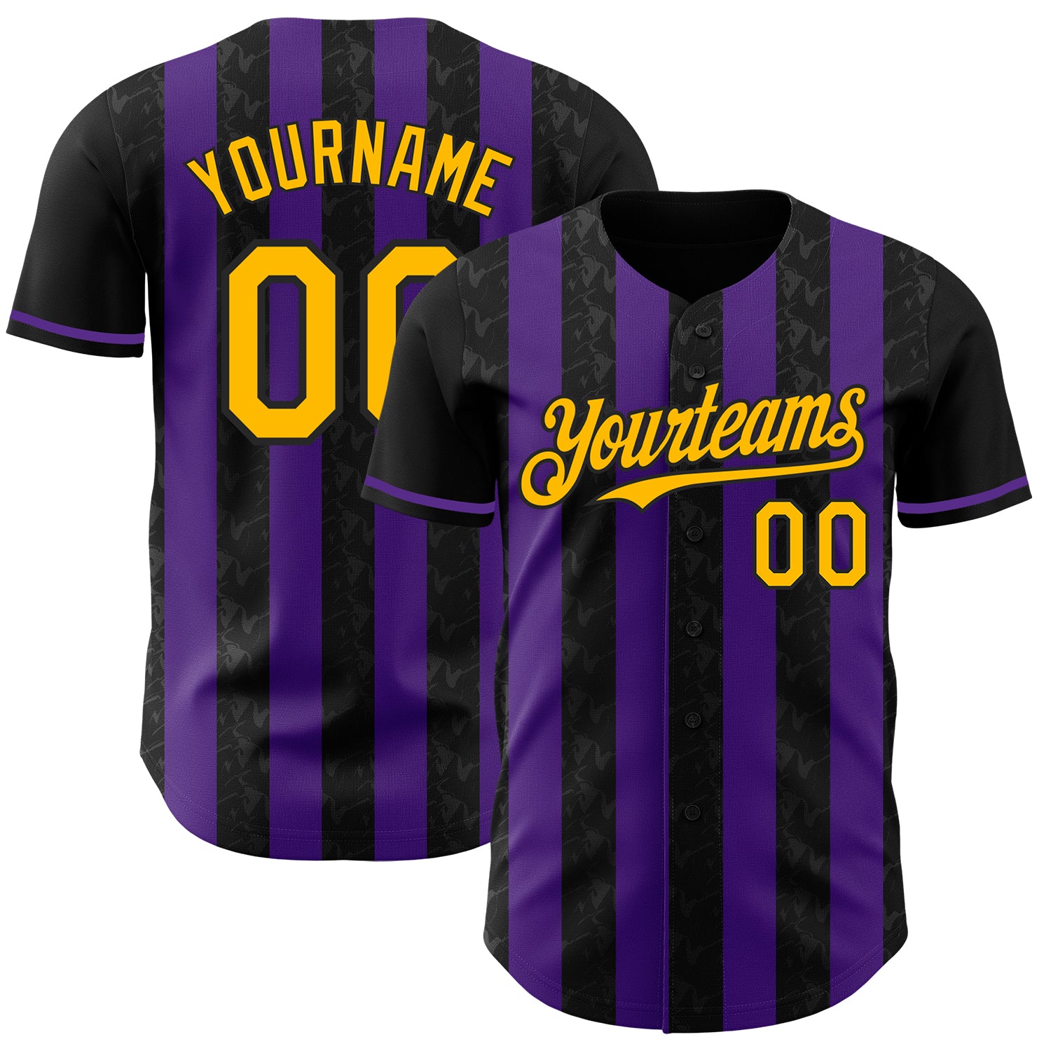 Custom Black Gold-Purple Classic Vertical Stripe Fluid Liquid Texture Authentic Baseball Jersey