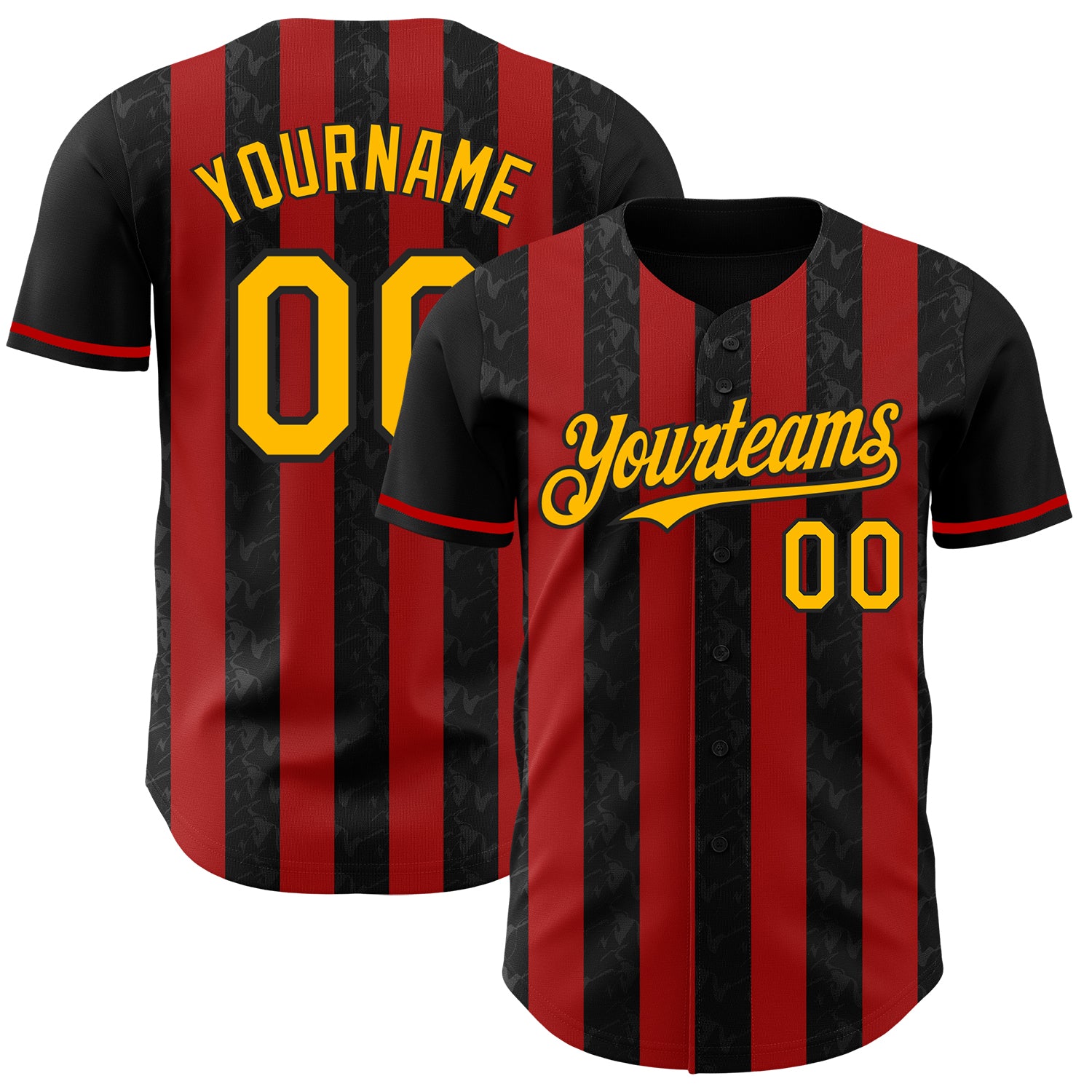 Custom Black Gold-Red Classic Vertical Stripe Fluid Liquid Texture Authentic Baseball Jersey