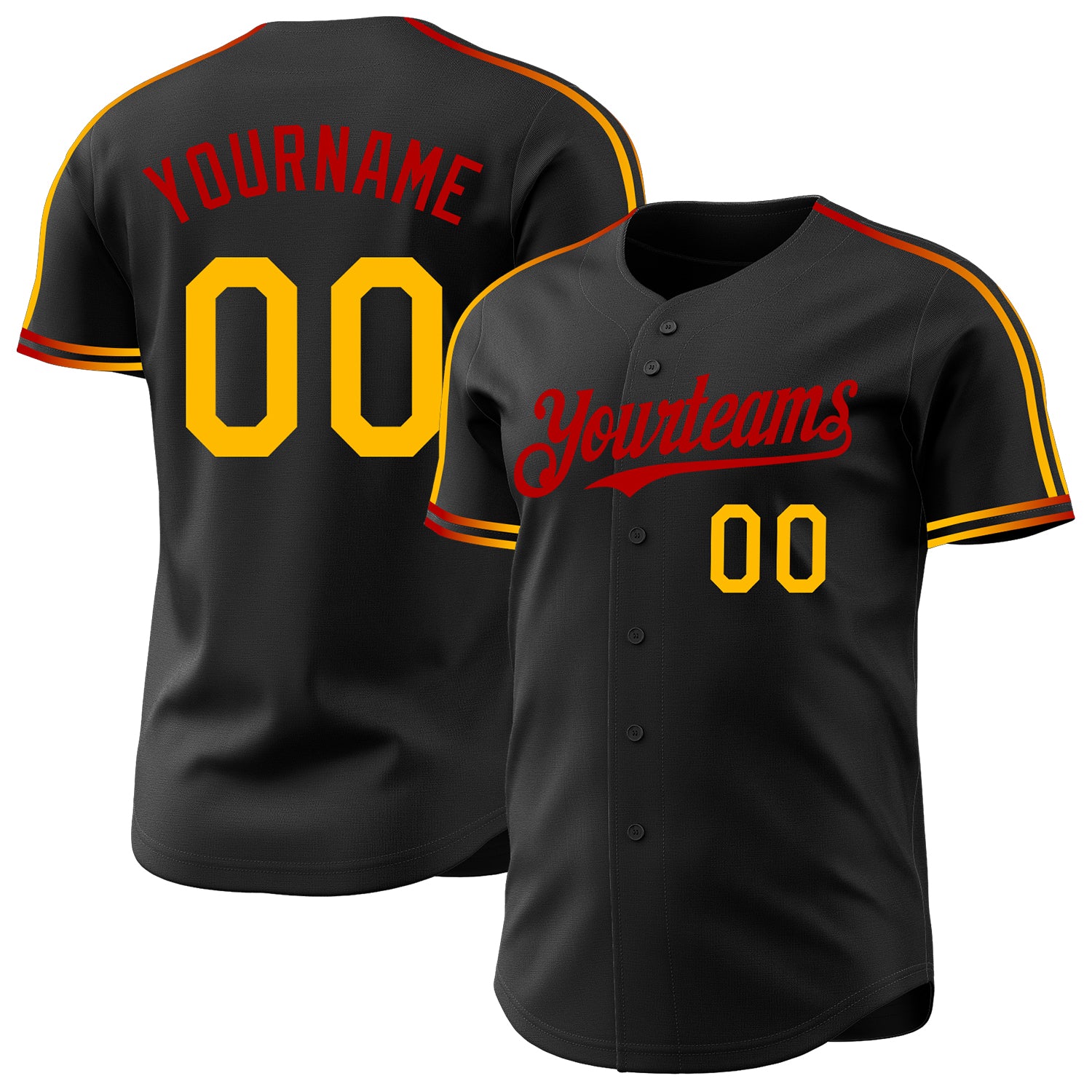 Custom Black Gold-Red Raglan Line Gradient Stripe Authentic Baseball Jersey
