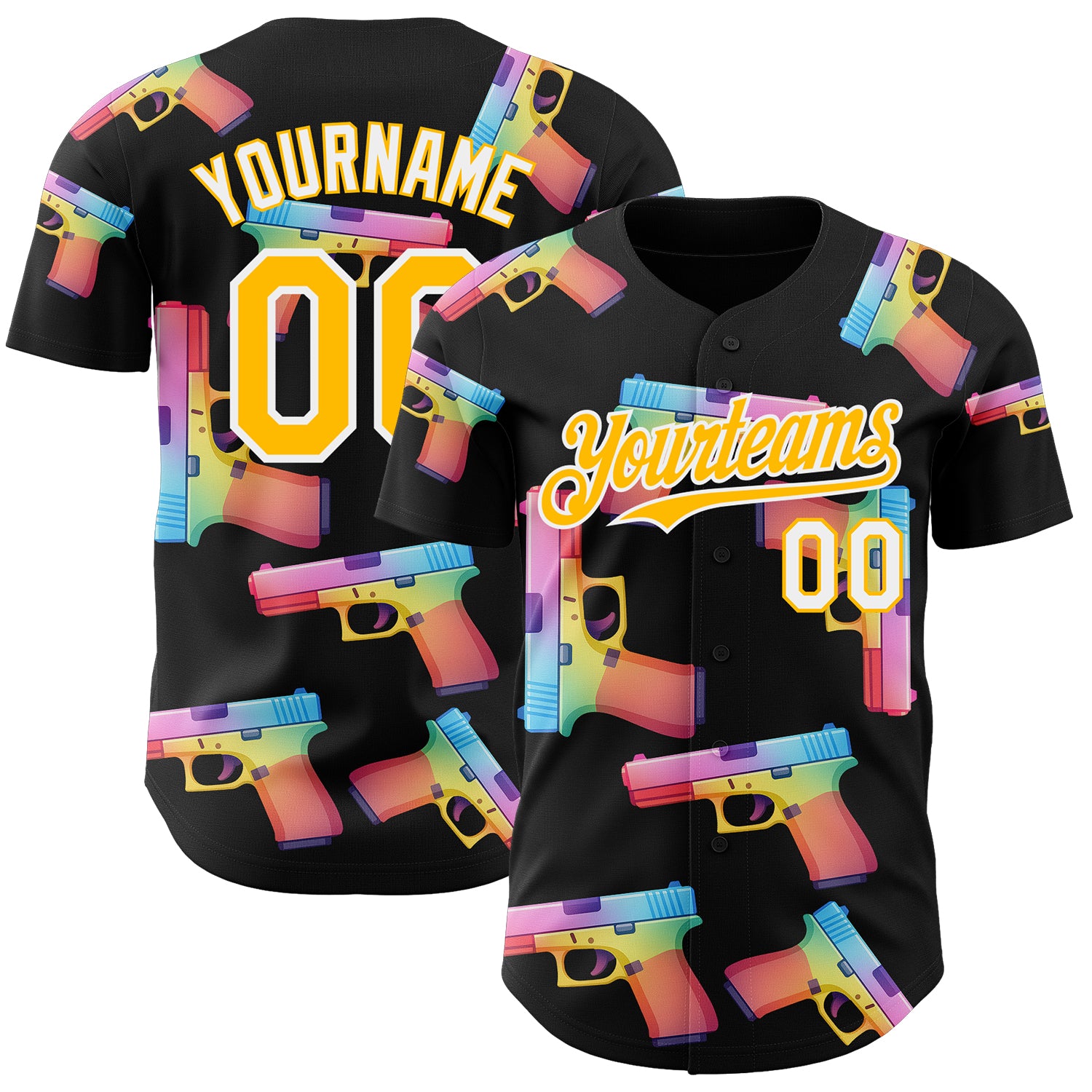 Custom Black Gold-White Colorful Firepower 3D Pattern Design Authentic Baseball Jersey