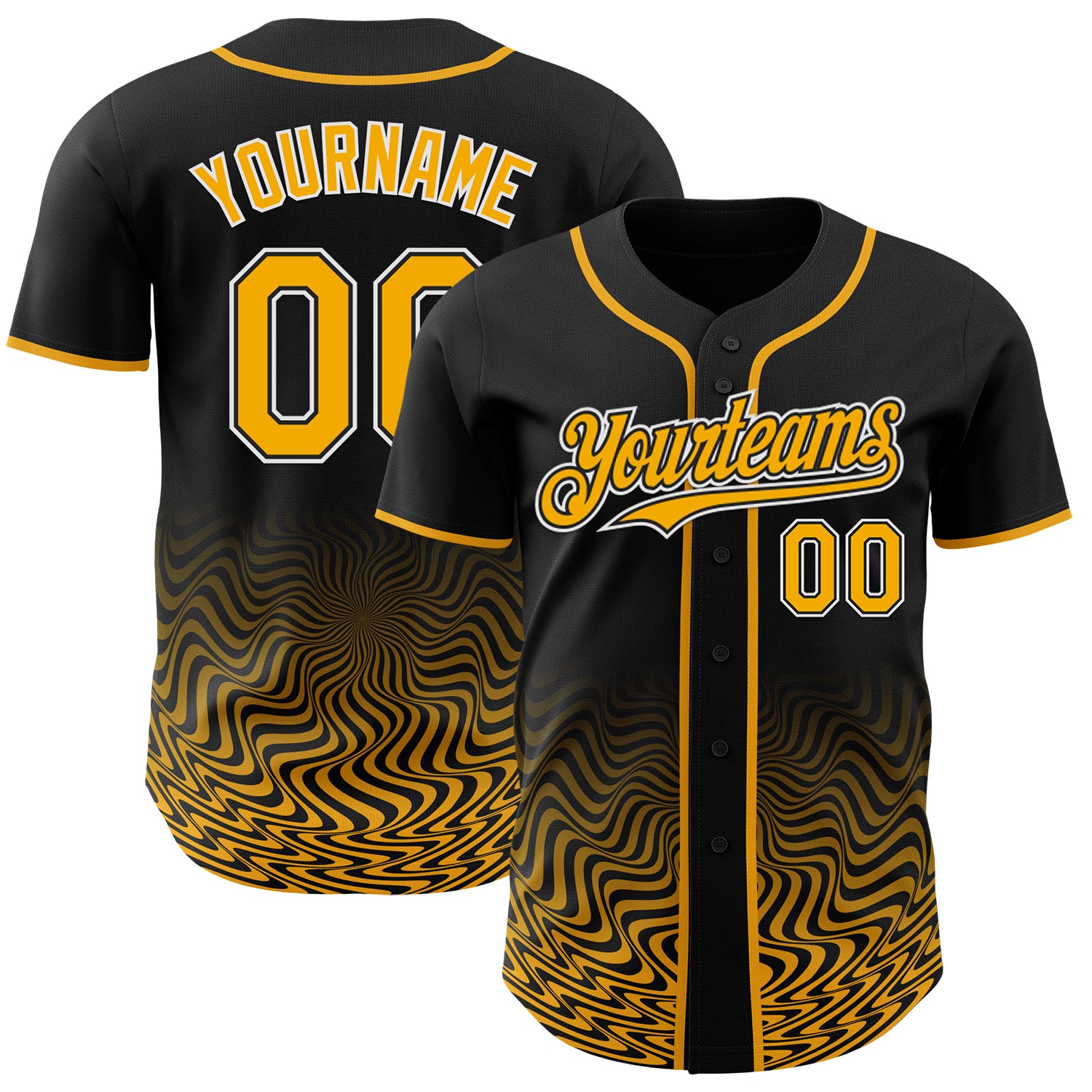 Custom Black Gold-White Fluid Wave Psychedelic Swirl Authentic Baseball Jersey