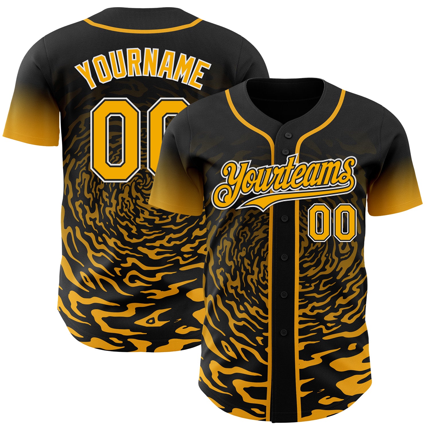Custom Black Gold-White Fluid Wave Splatter Gradient Authentic Baseball Jersey