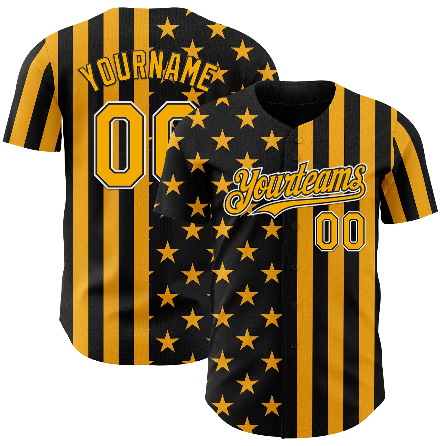 Custom Black Gold-White USA Flag Patriotic Split Stars and Stripes Authentic Baseball Jersey