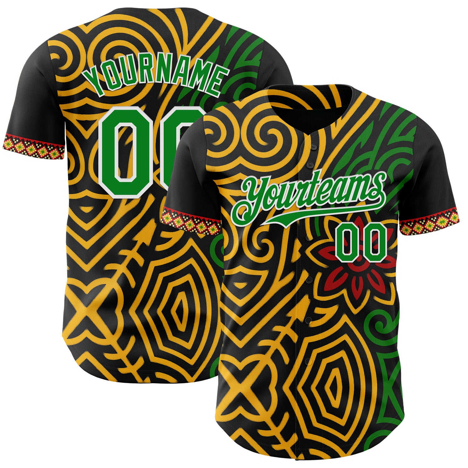 Custom Black Grass Green Gold Red-White 3D Pattern Design Black History Month Africa Tribal Authentic Baseball Jersey