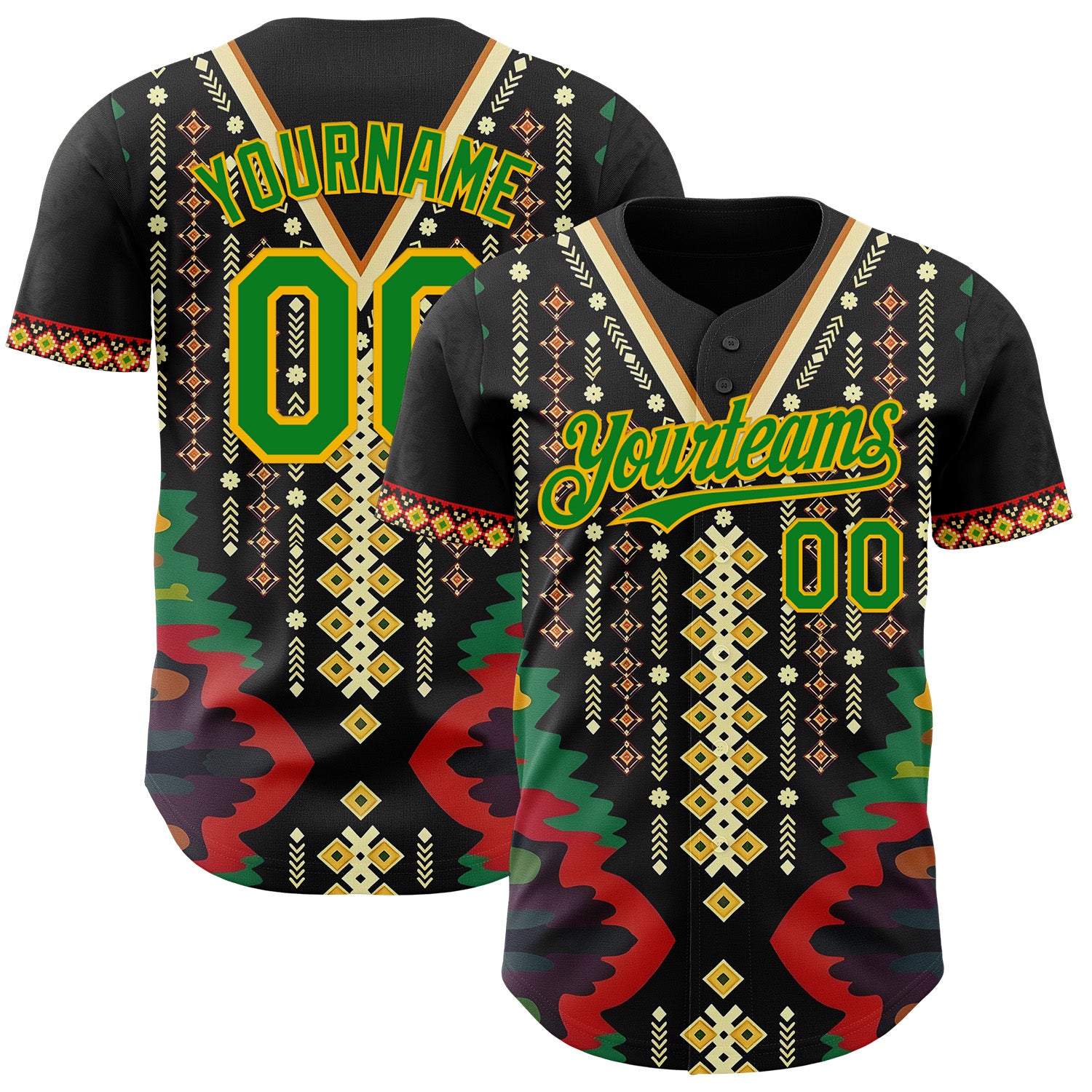 Custom Black Grass Green Red-Gold 3D Pattern Design Black History Month Africa Tribal Authentic Baseball Jersey
