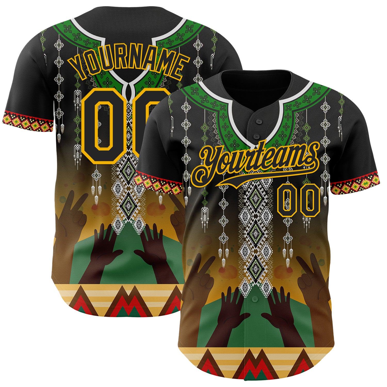 Custom Black Green Gold-Red 3D Pattern Design Black History Month Africa Tribal Authentic Baseball Jersey