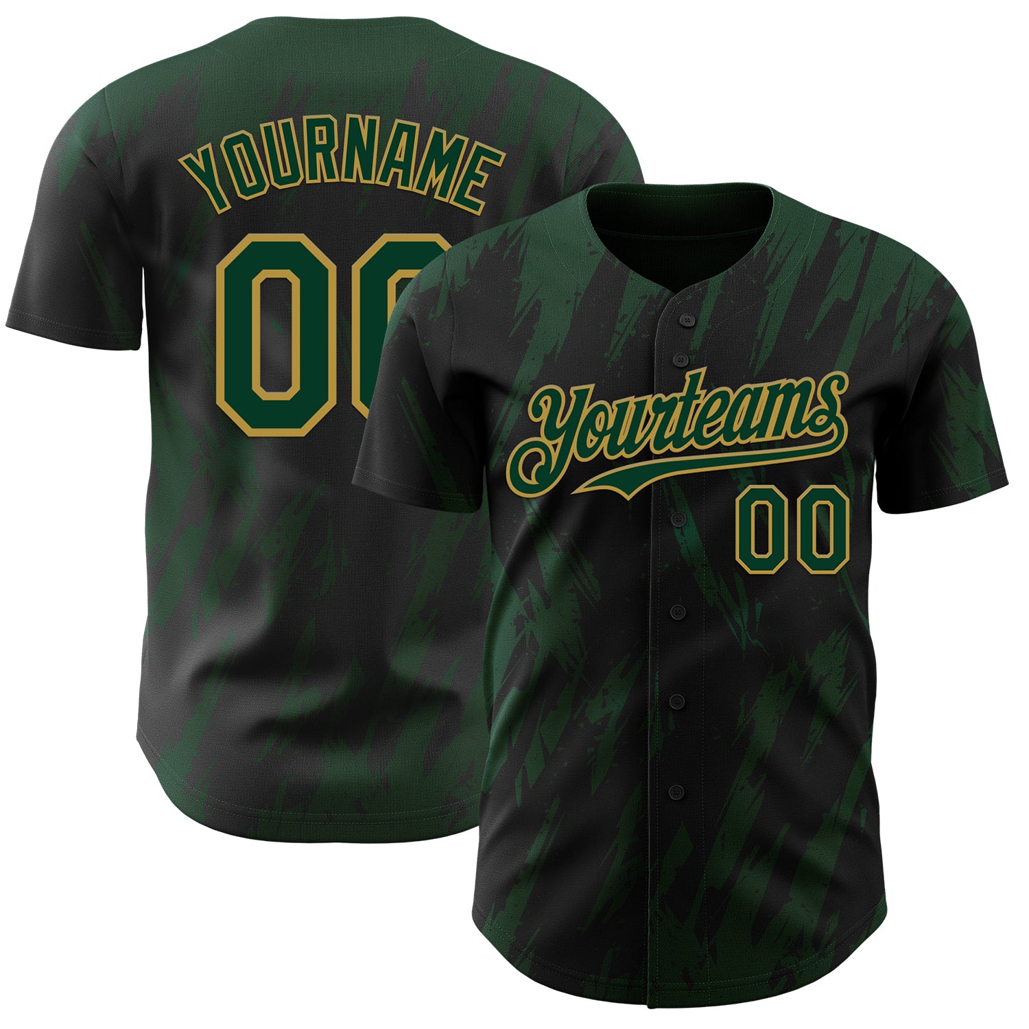 Custom Black Green-Old Gold 3D Pattern Design Splatter Torn Sharp Brush Stroke Authentic Baseball Jersey
