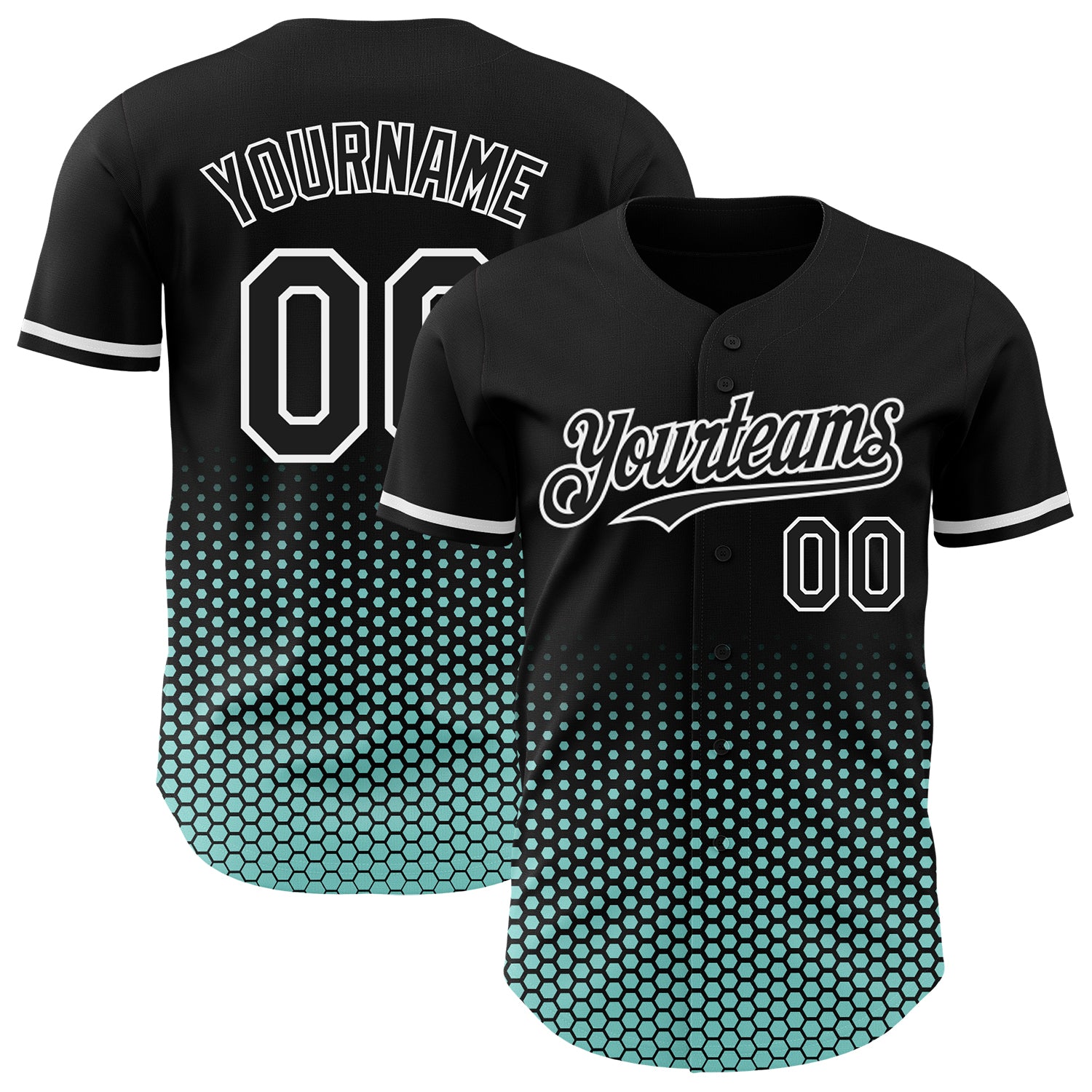 Custom Black Ice Blue-White Geometric Hexagonal Dot Gradient Authentic Baseball Jersey