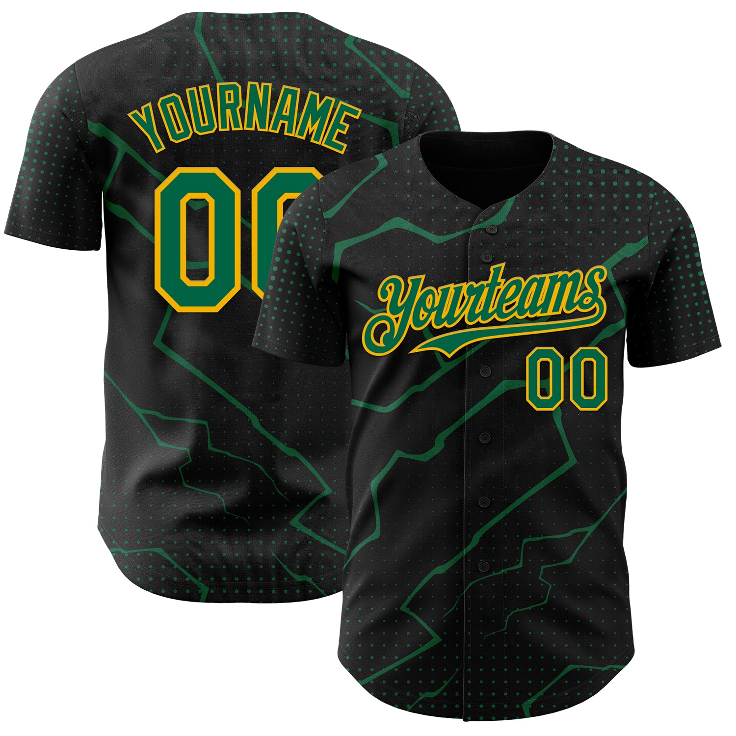 Custom Black Kelly Green-Gold 3D Pattern Design Lightning Polka Dot Authentic Baseball Jersey