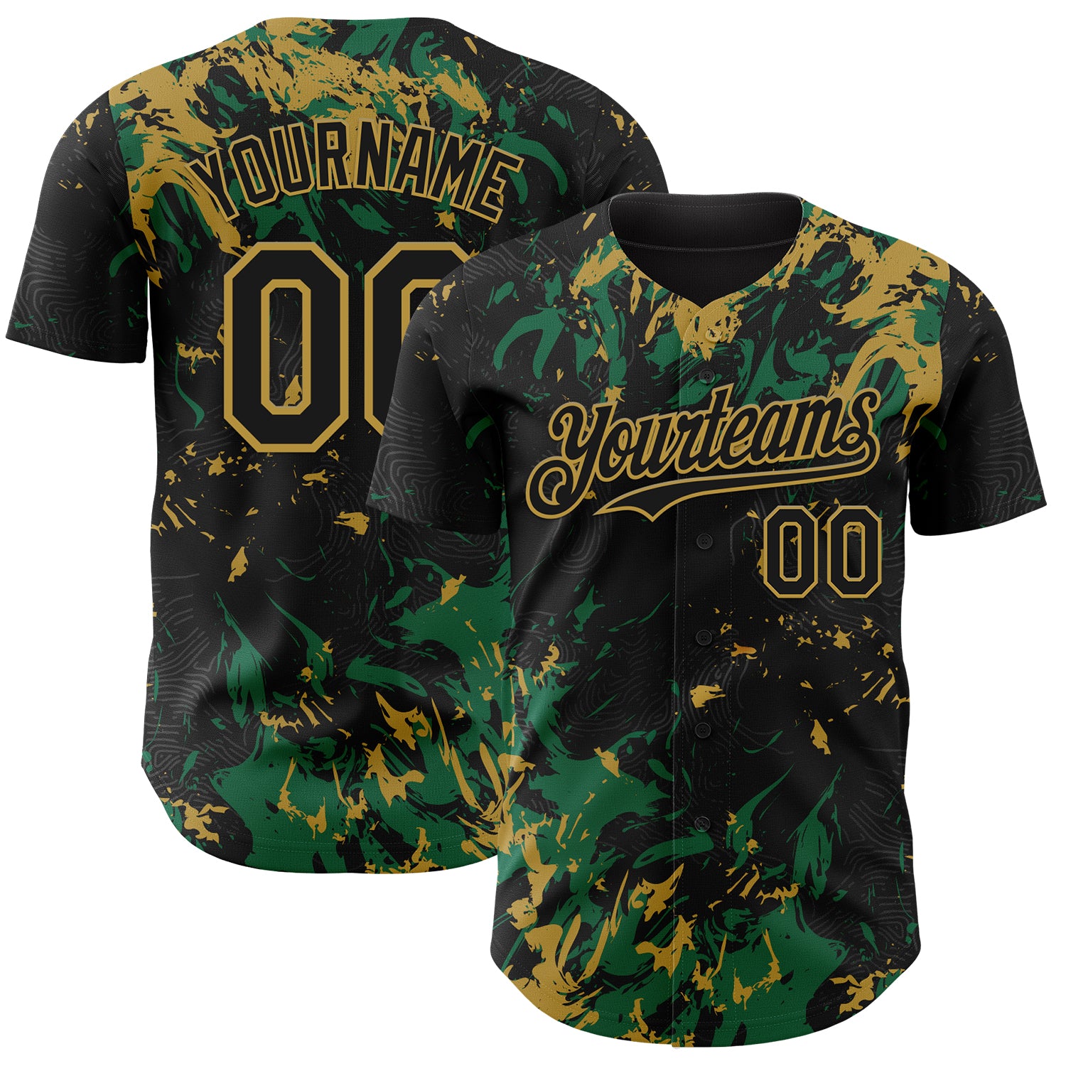 Custom Black Kelly Green-Old Gold 3D Pattern Design Splash Authentic Baseball Jersey