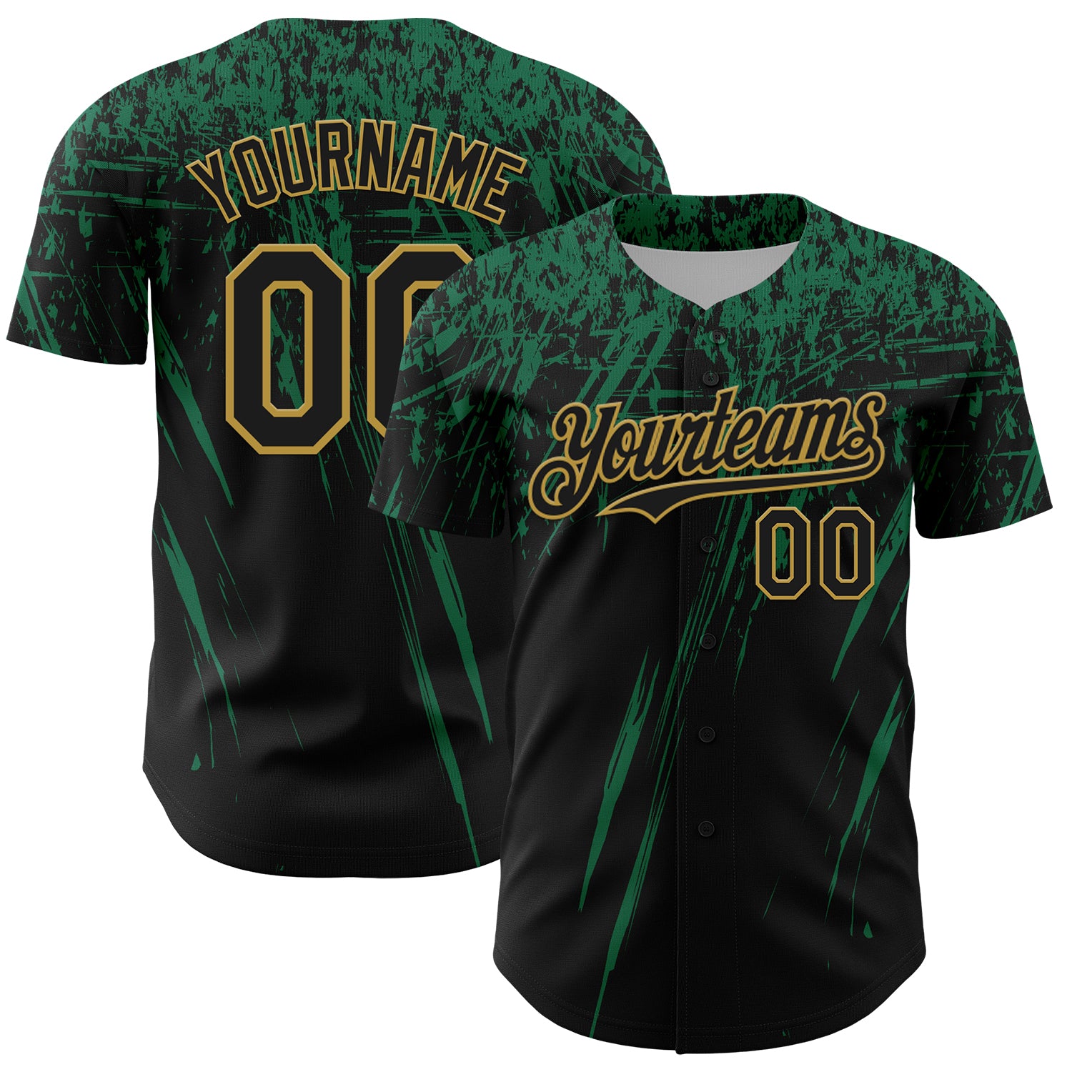 Custom Black Kelly Green-Old Gold Distressed Scratch Brush Stroke Authentic Baseball Jersey