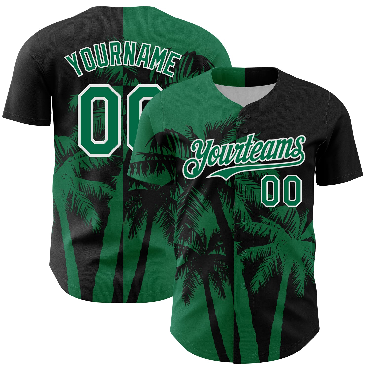 Custom Black Kelly Green-White 3D Pattern Design Hawaii Palm Trees Tropical Coconut Authentic Baseball Jersey