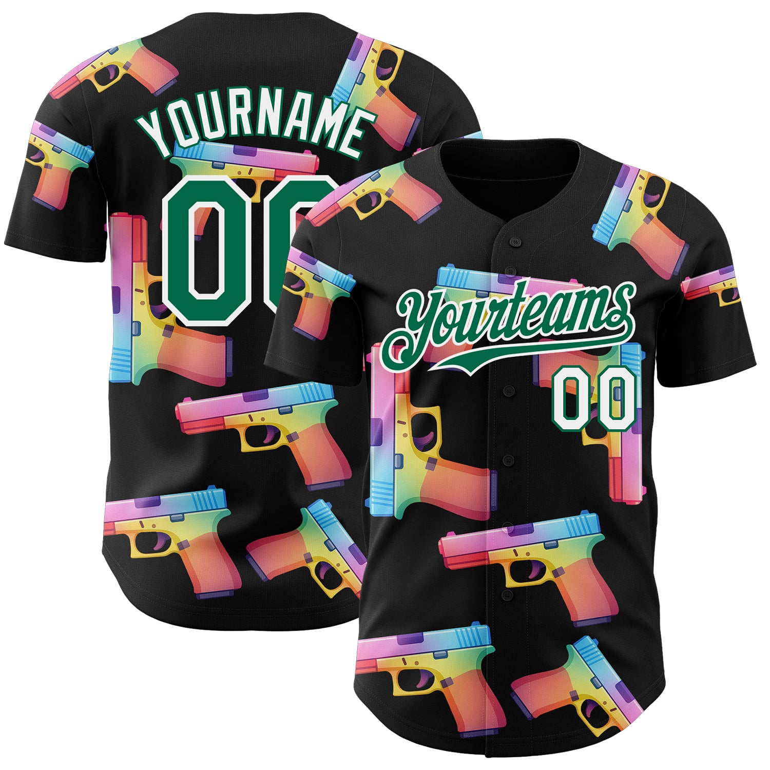 Custom Black Kelly Green-White Colorful Firepower 3D Pattern Design Authentic Baseball Jersey