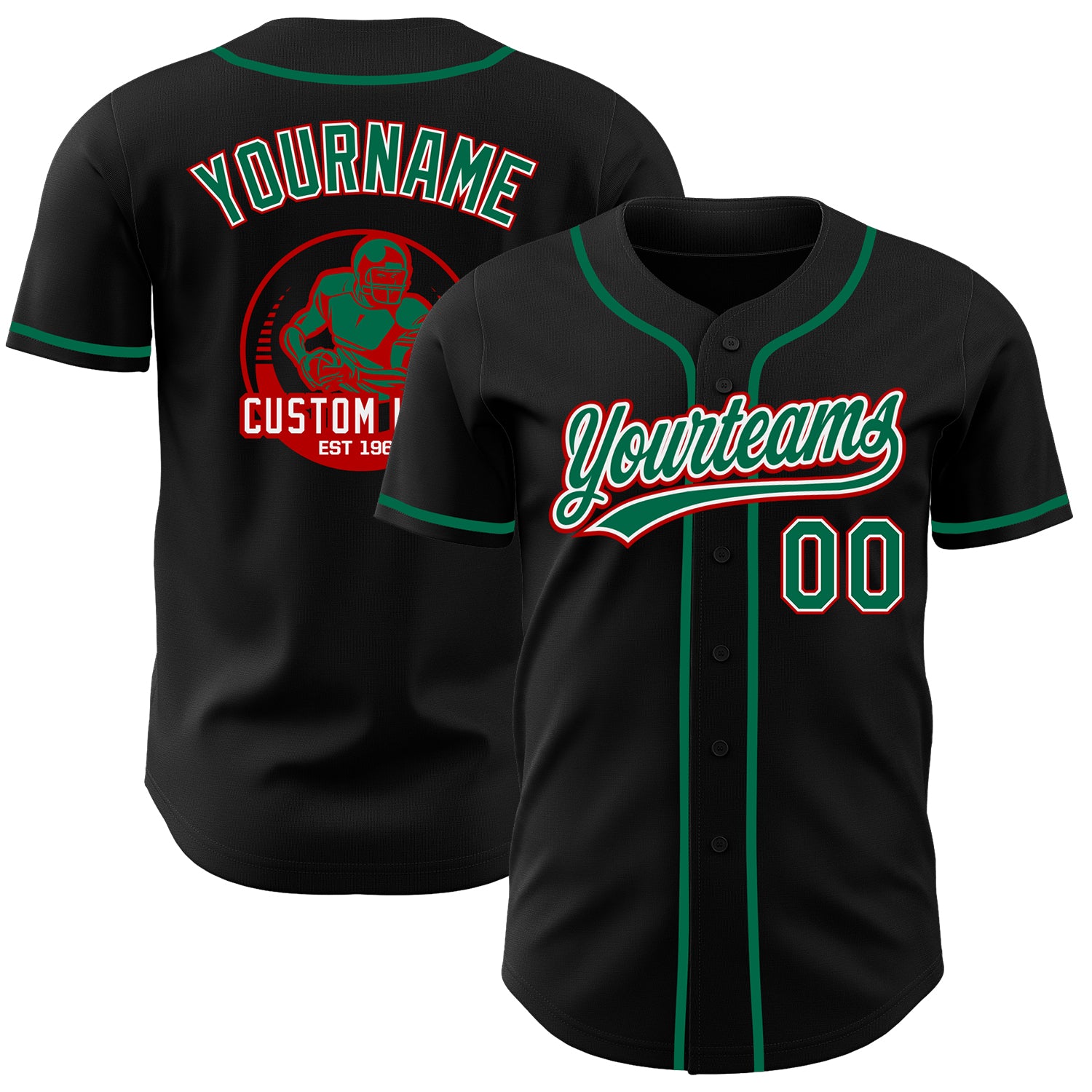 Custom Black Kelly Green White-Red Authentic Baseball Jersey