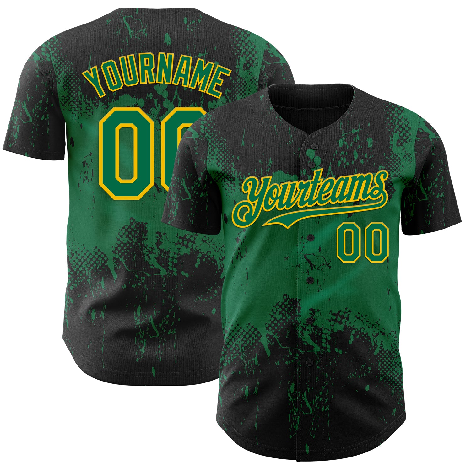 Custom Black Kelly Green-Yellow 3D Pattern Design Abstract Splatter Grunge Paint Authentic Baseball Jersey