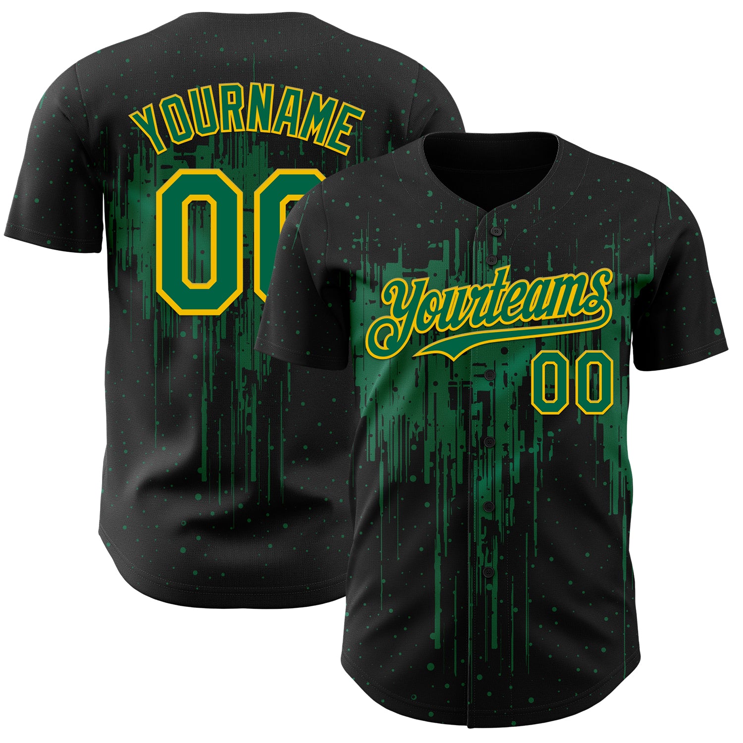 Custom Black Kelly Green-Yellow 3D Pattern Design Dripping Splatter Paint Authentic Baseball Jersey