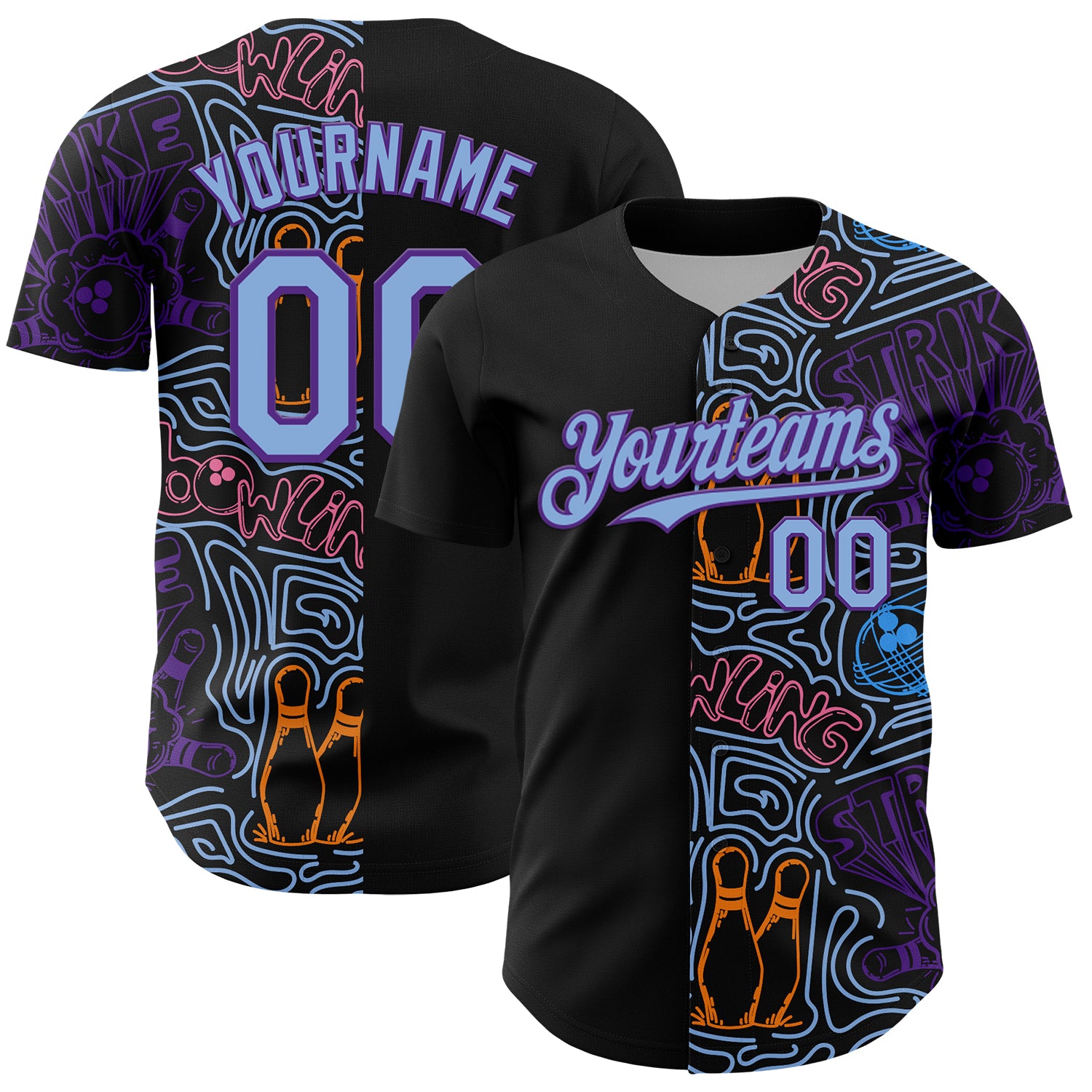 Custom Black Light Blue-Purple Bowling Doodle Split Authentic Baseball Jersey