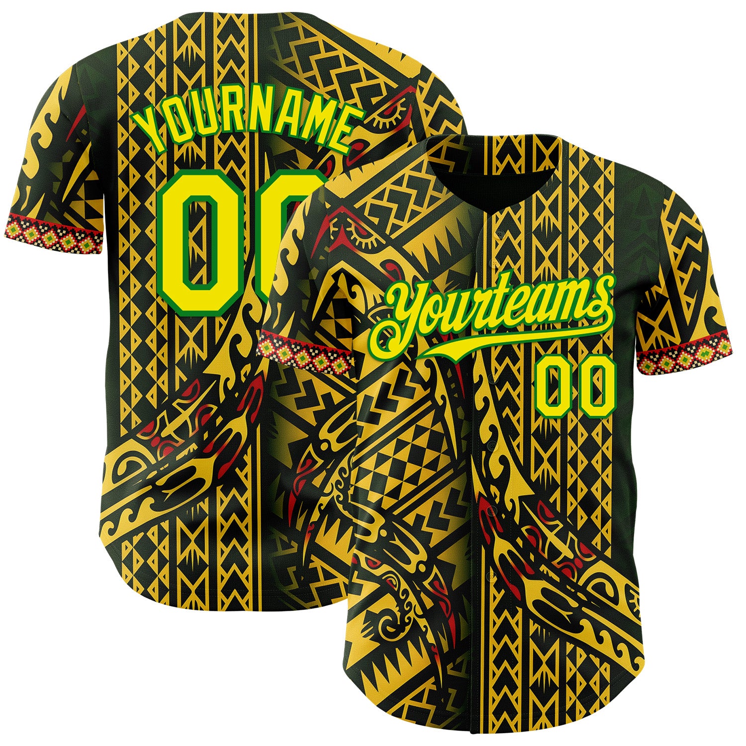 Custom Black Light Yellow Gold Grass Green-Red 3D Pattern Design Black History Month Africa Tribal Authentic Baseball Jersey