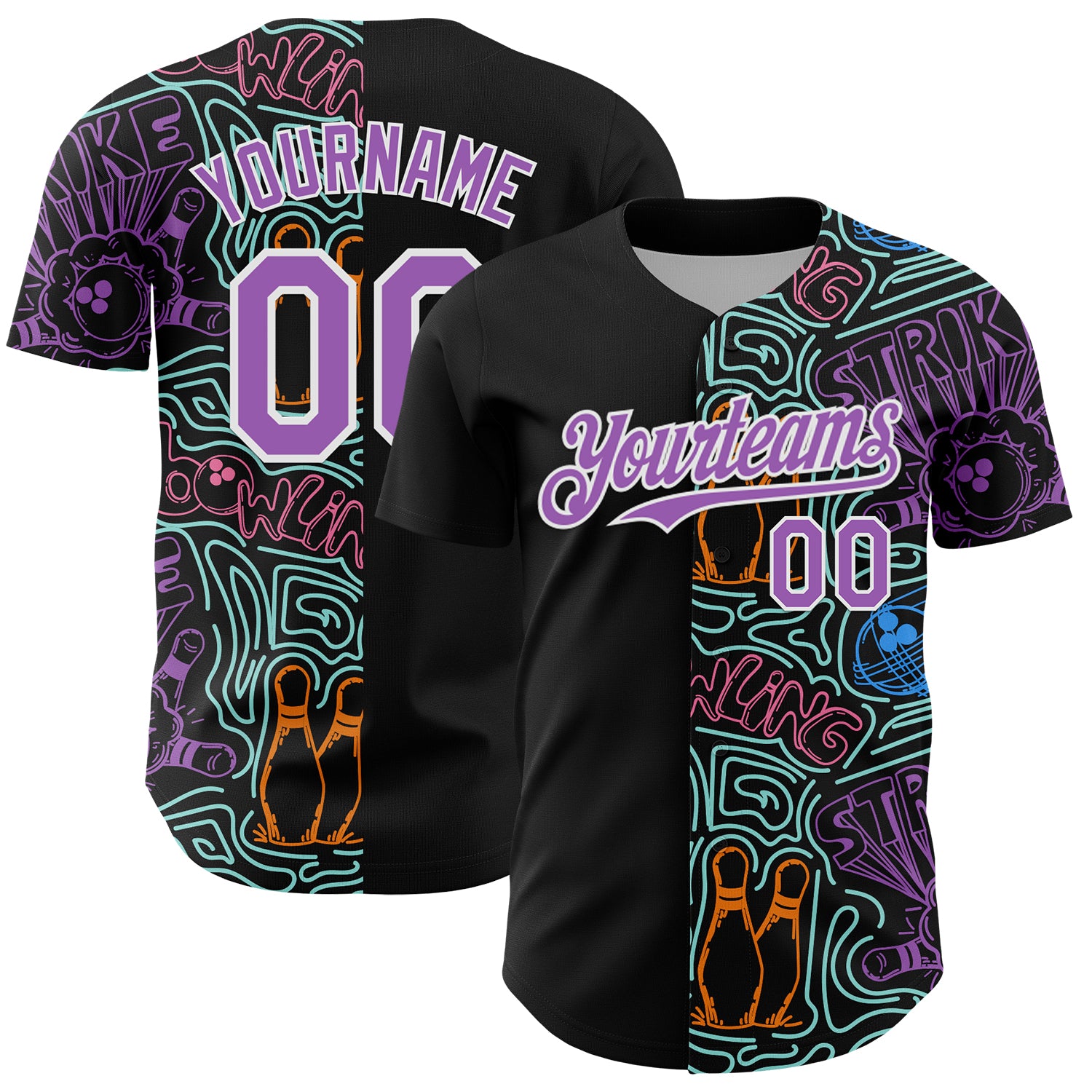 Custom Black Medium Purple White-Ice Blue Bowling Doodle Split Authentic Baseball Jersey