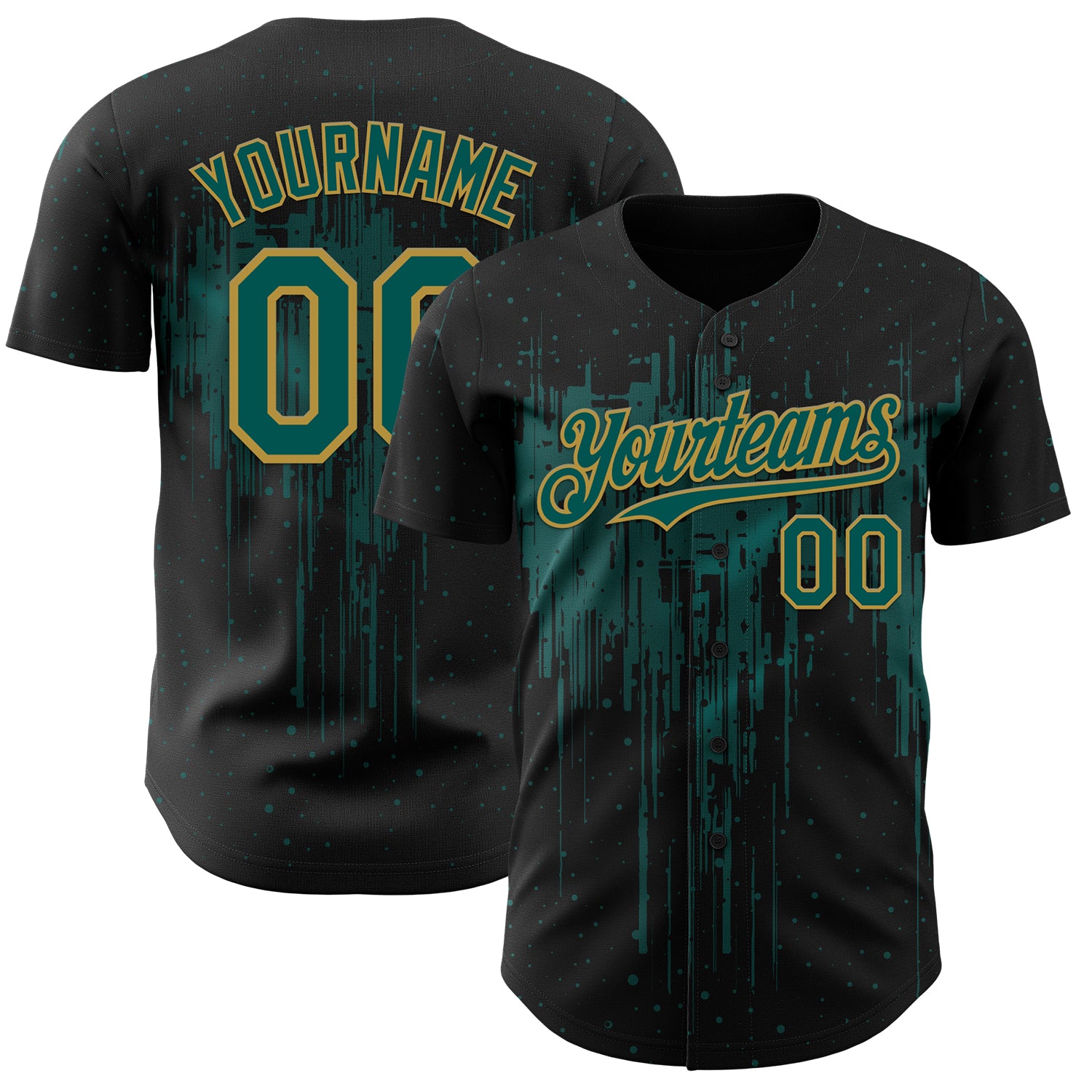 Custom Black Midnight Green-Old Gold 3D Pattern Design Dripping Splatter Paint Authentic Baseball Jersey