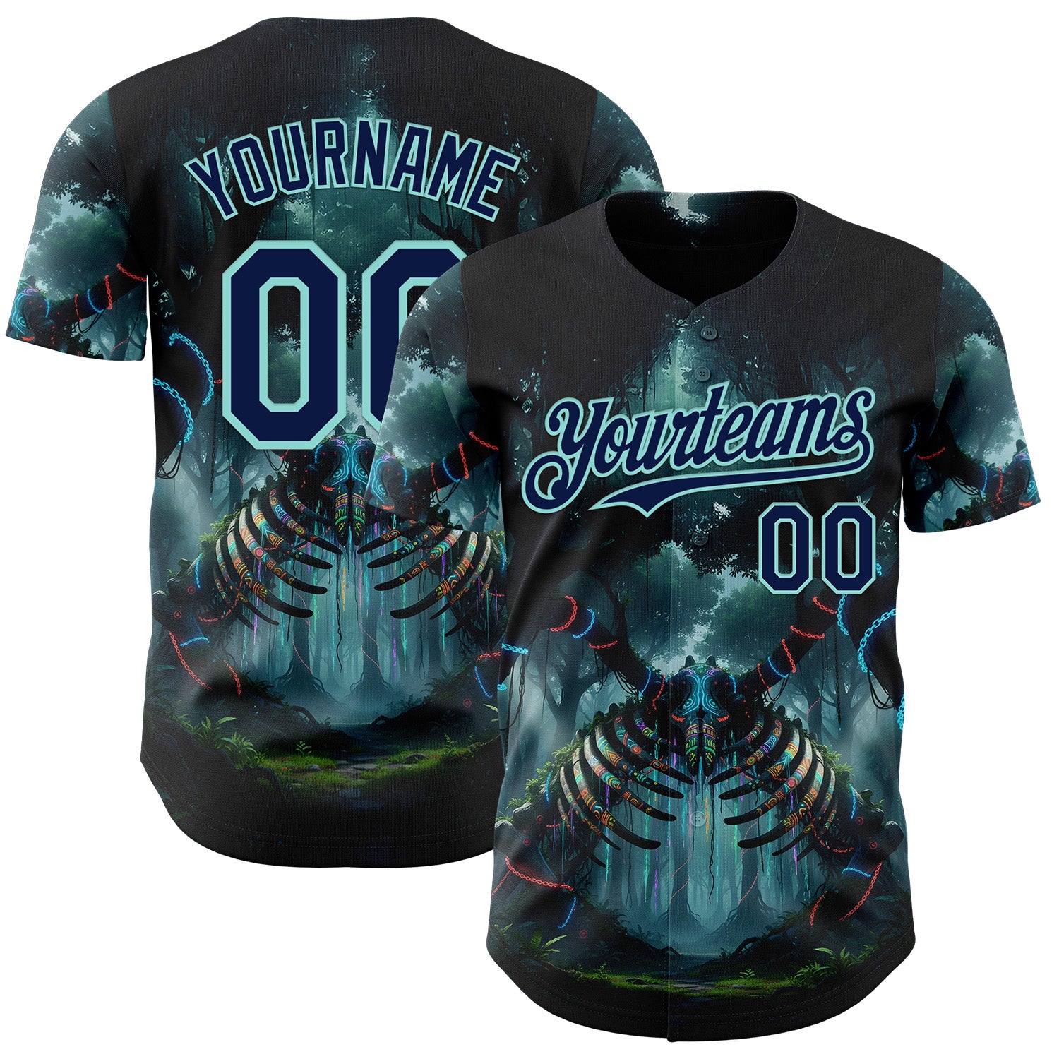 Custom Black Navy-Ice Blue Cyber Tropical Palm Trees Gothic Fantasy Authentic Baseball Jersey