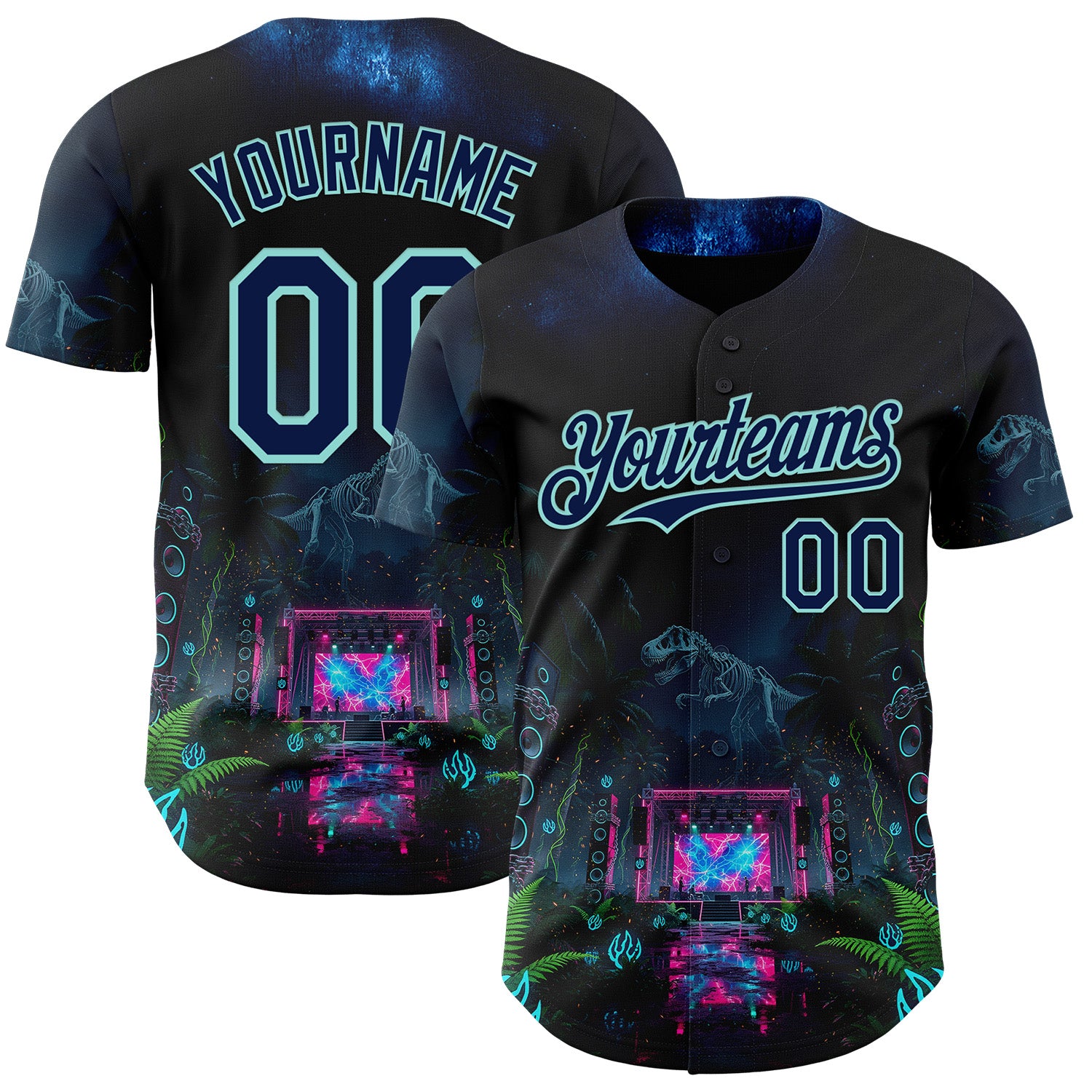 Custom Black Navy-Ice Blue Cyber Tropical Palm Trees Music Festival Gothic Fantasy Authentic Baseball Jersey