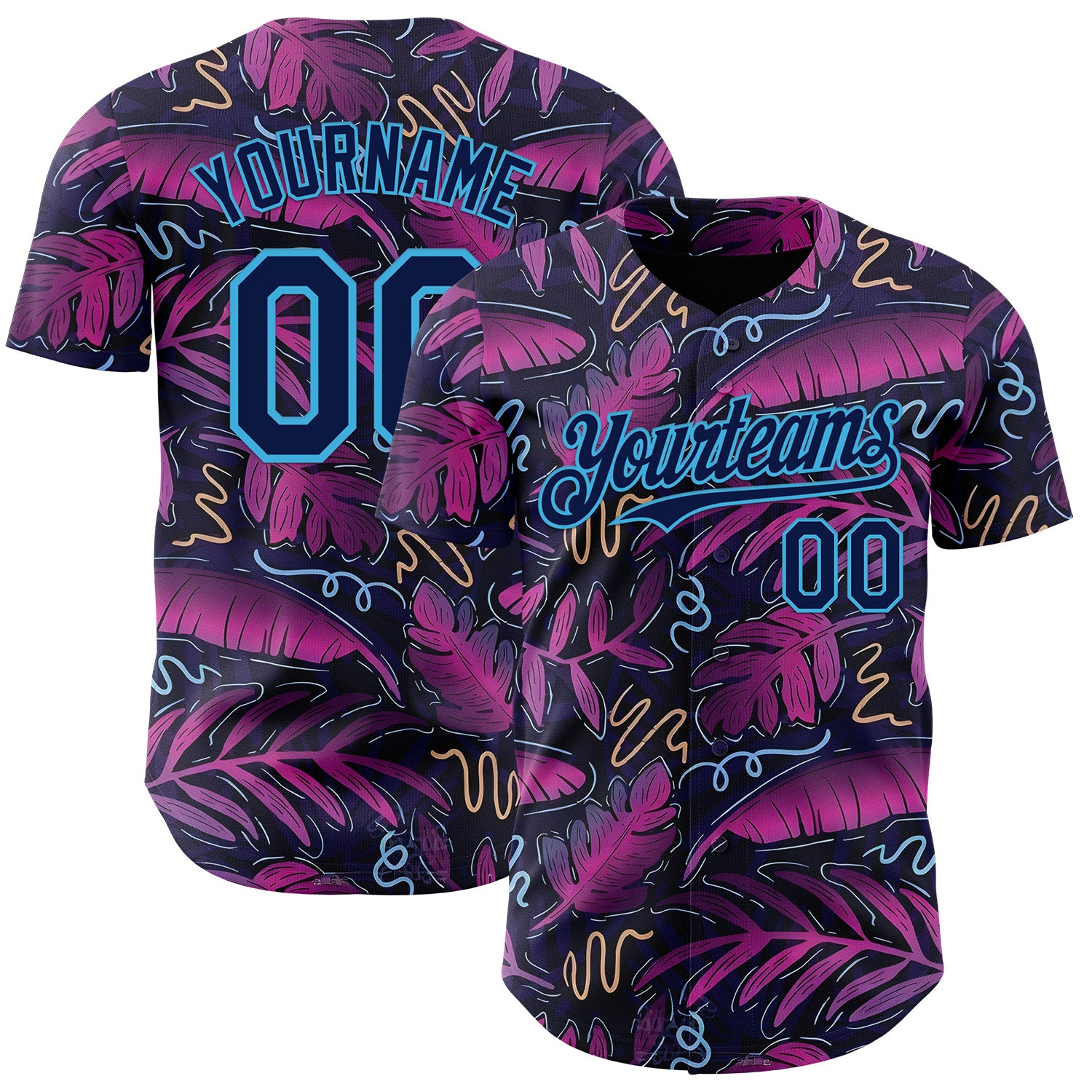 Custom Black Navy Purple-Sky Blue Cyber Tropical Palm Trees Music Festival Authentic Baseball Jersey