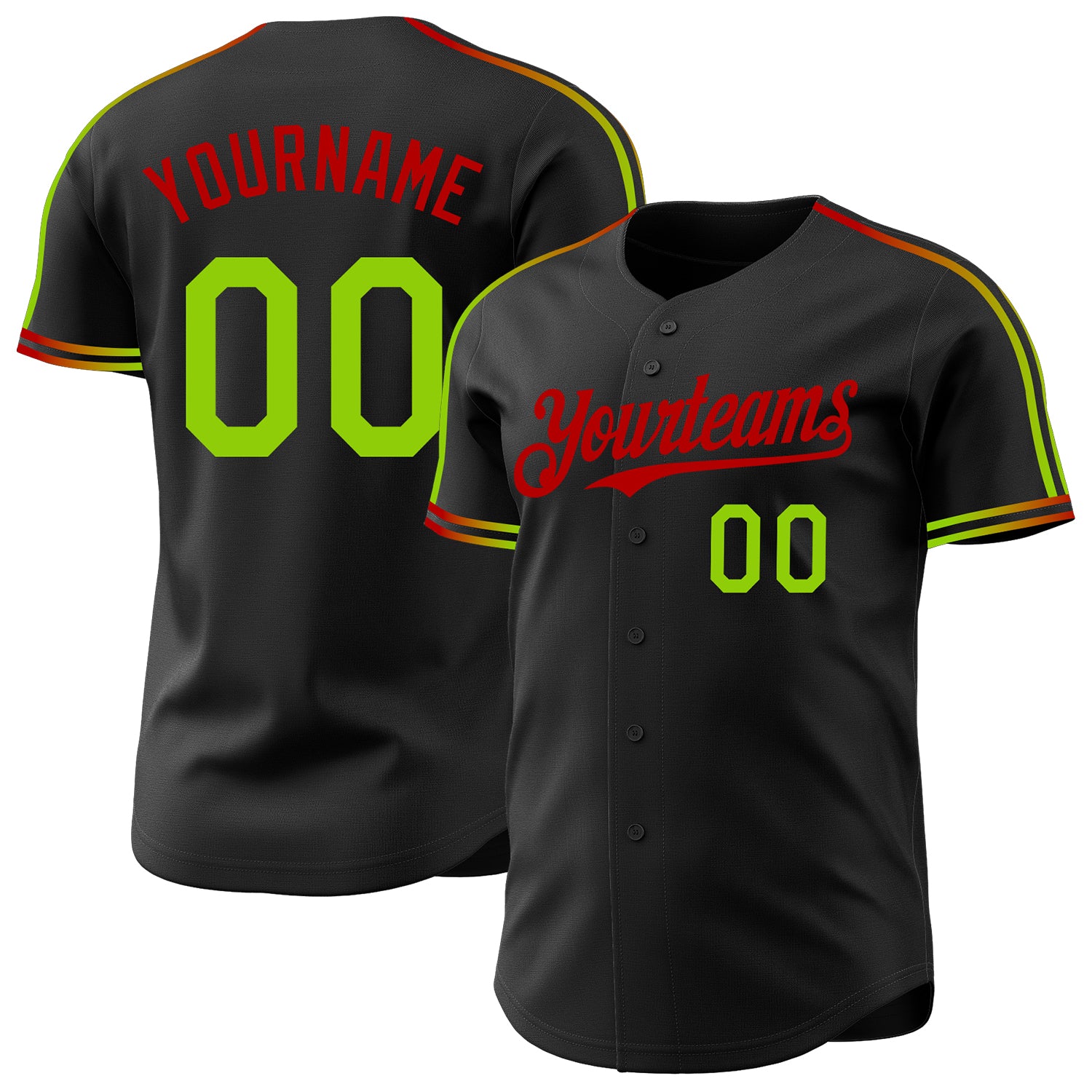 Custom Black Neon Green-Red Raglan Line Gradient Stripe Authentic Baseball Jersey