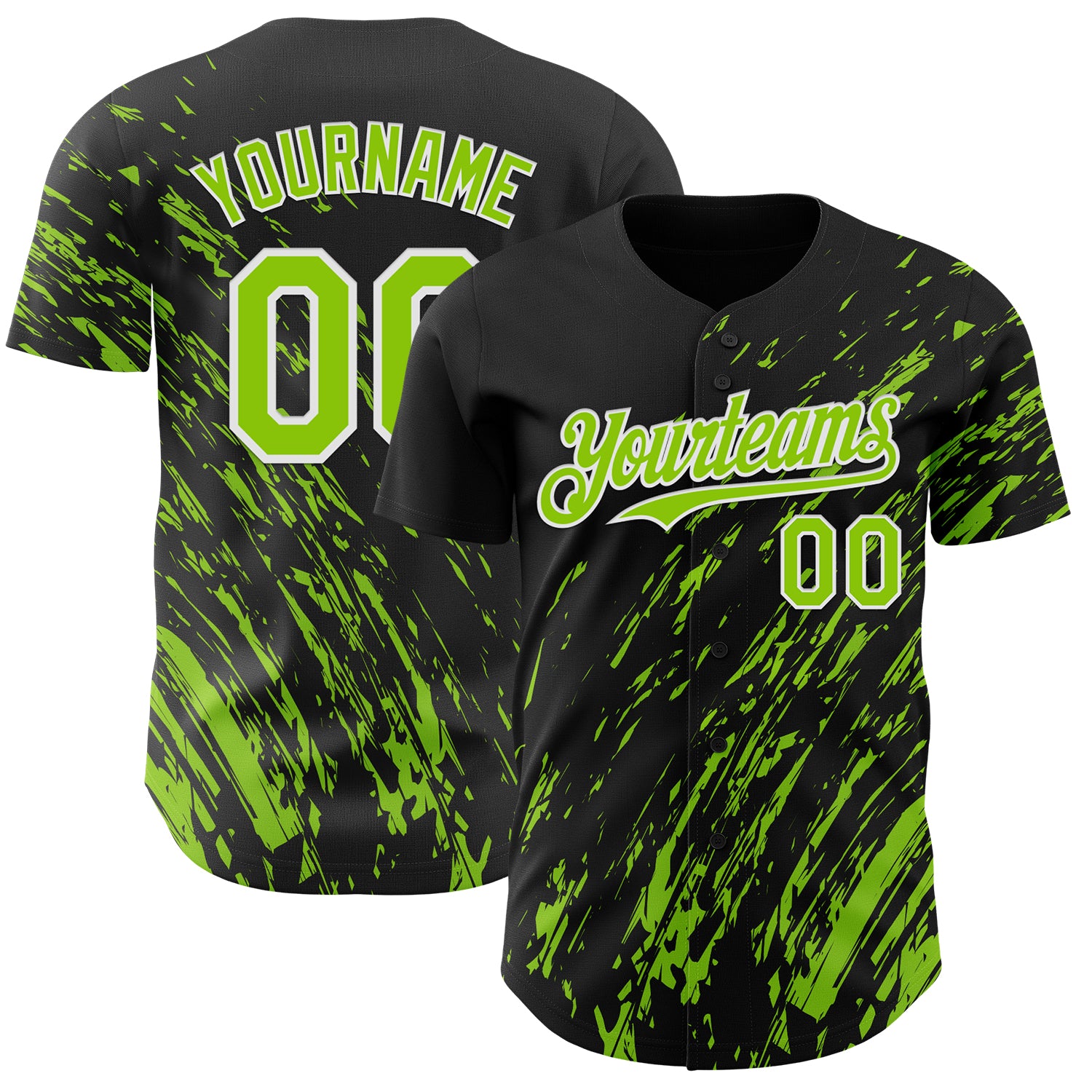 Custom Black Neon Green-White 3D Pattern Design Paint Stroke Grunge Streak Authentic Baseball Jersey