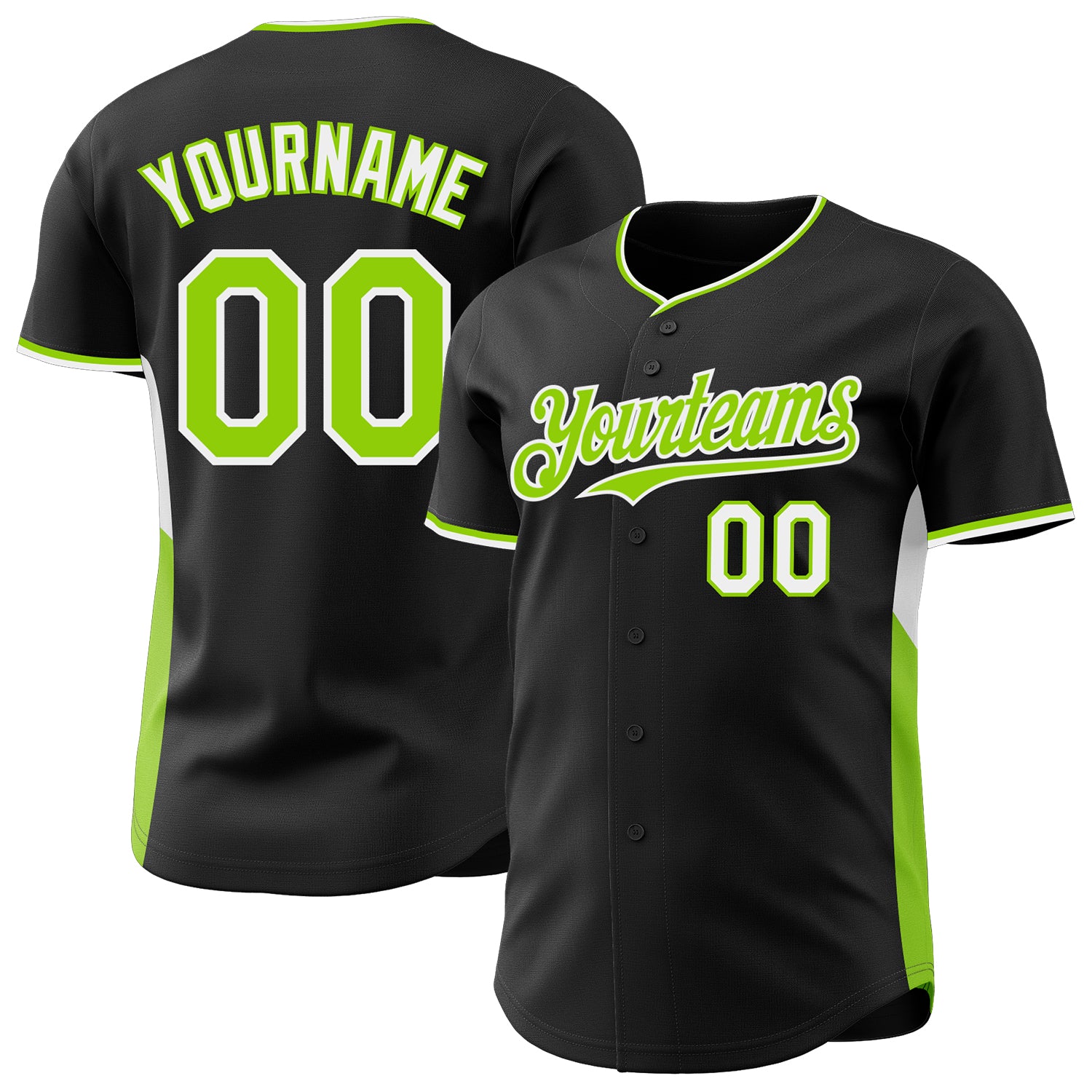 Custom Black Neon Green-White Classic Color Block Side Panel Stripe Authentic Baseball Jersey