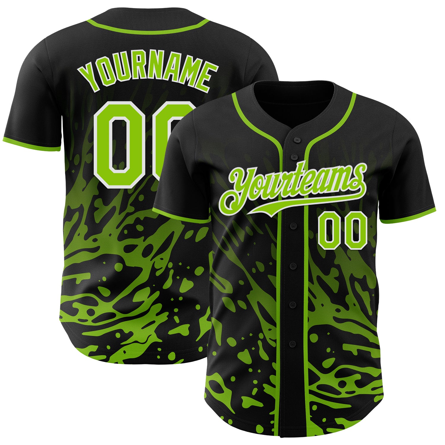 Custom Black Neon Green-White Fluid Liquid Wave Splatter Authentic Baseball Jersey