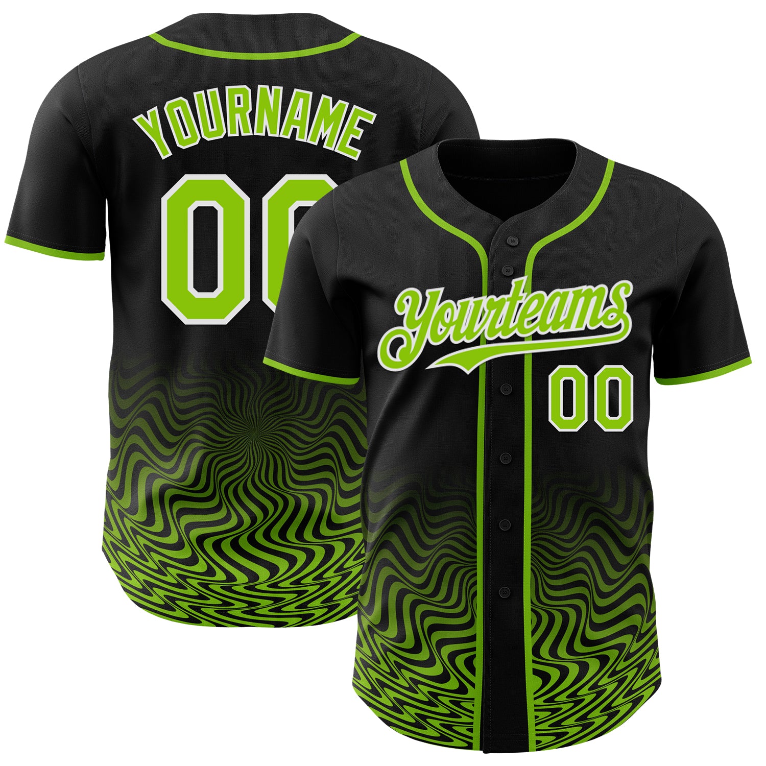 Custom Black Neon Green-White Fluid Wave Psychedelic Swirl Authentic Baseball Jersey