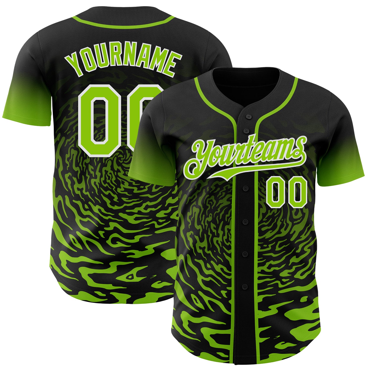 Custom Black Neon Green-White Fluid Wave Splatter Gradient Authentic Baseball Jersey