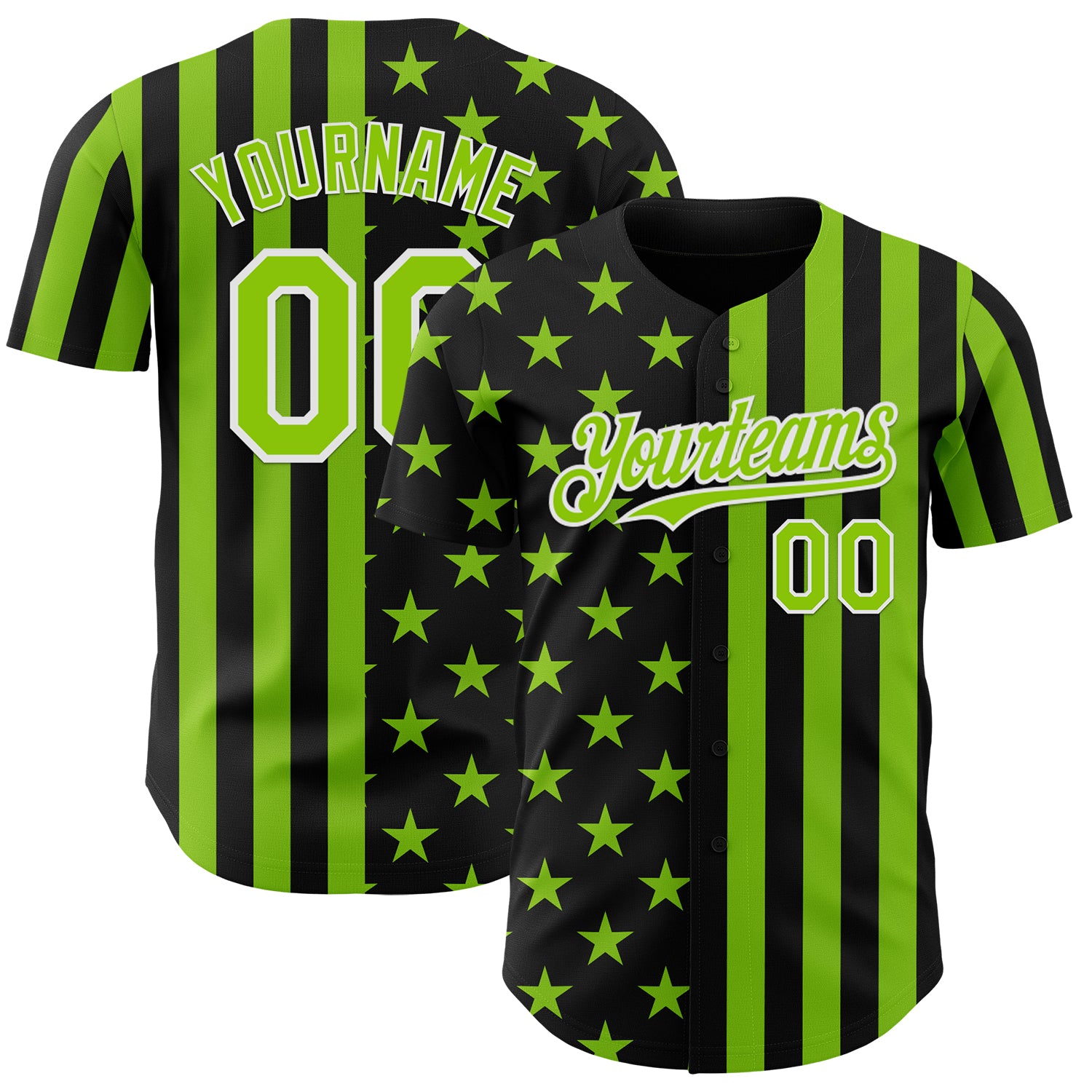Custom Black Neon Green-White USA Flag Patriotic Split Stars and Stripes Authentic Baseball Jersey