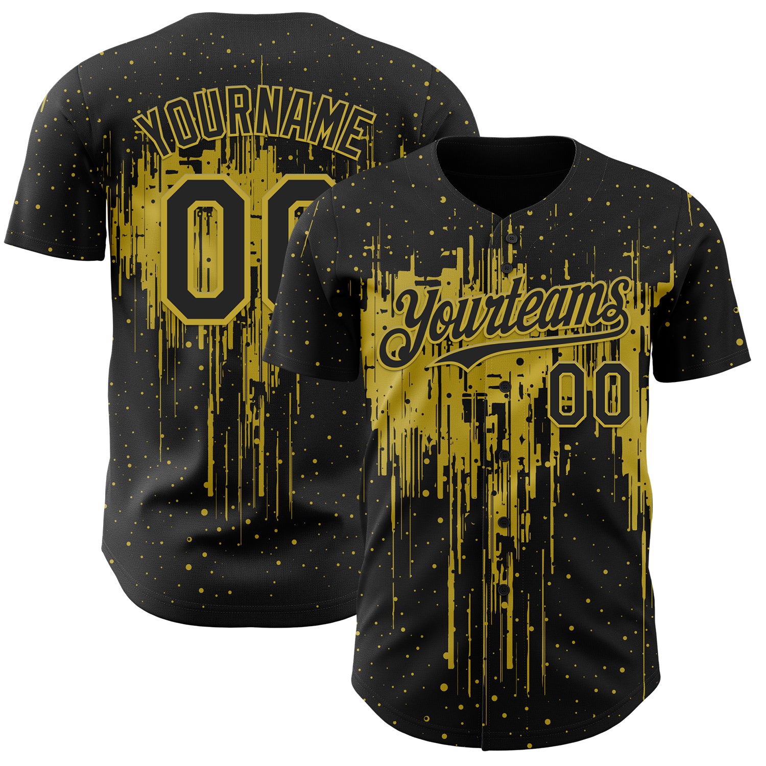 Custom Black Old Gold 3D Pattern Design Dripping Splatter Paint Authentic Baseball Jersey
