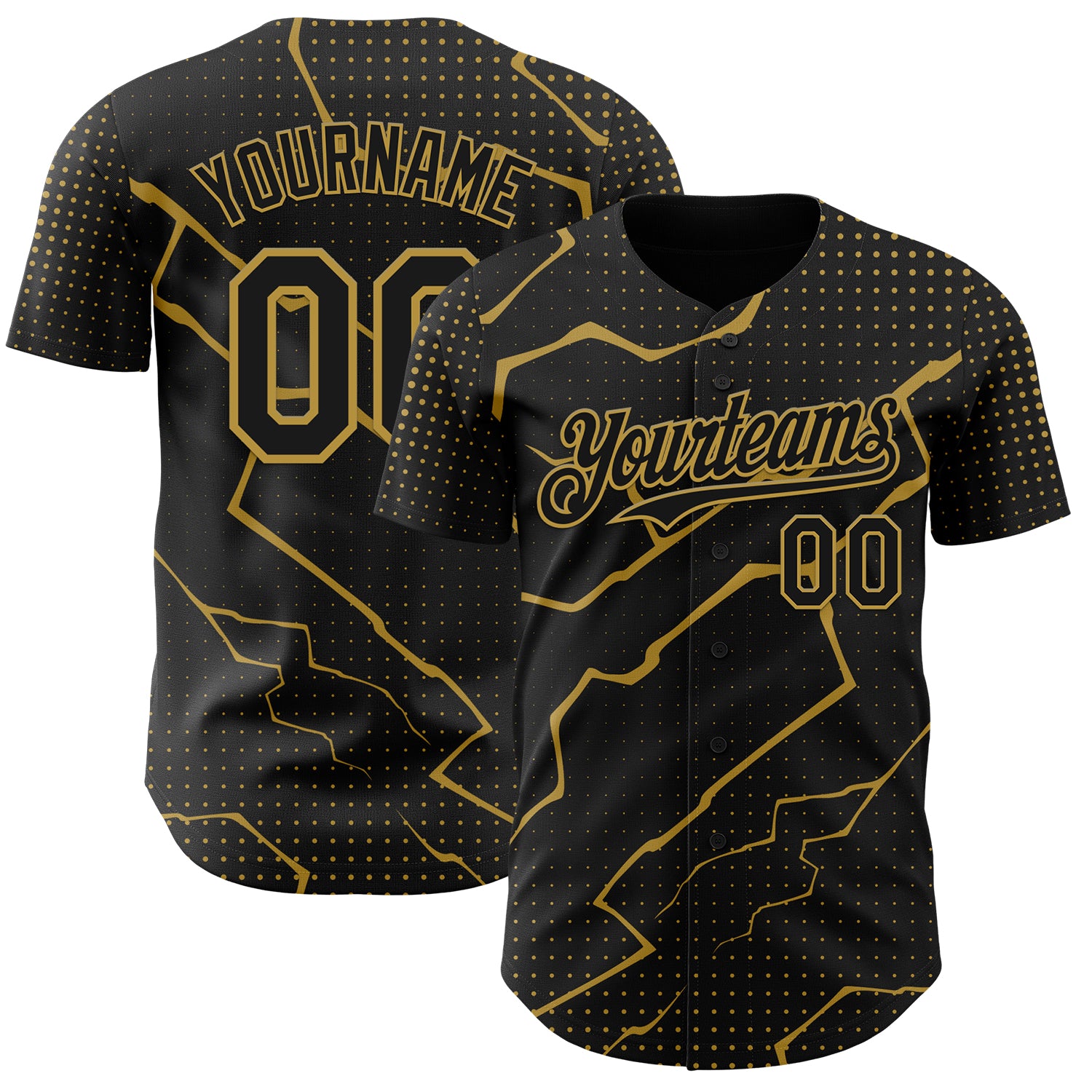 Custom Black Old Gold 3D Pattern Design Lightning Polka Dot Authentic Baseball Jersey