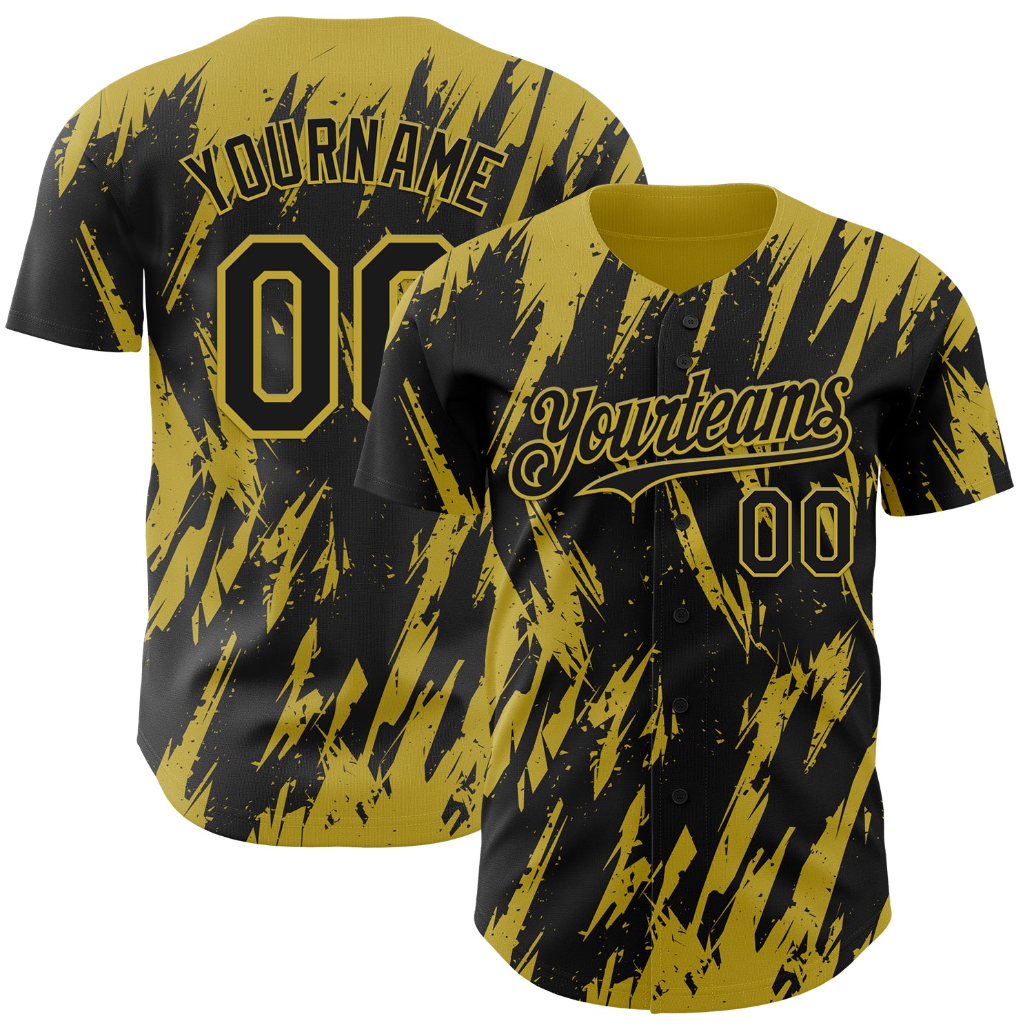 Custom Black Old Gold 3D Pattern Design Splatter Torn Sharp Brush Stroke Authentic Baseball Jersey