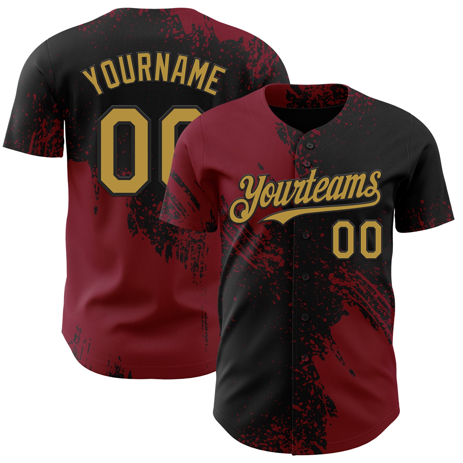 Custom Black Old Gold-Crimson Abstract Brush Stroke Authentic Baseball Jersey