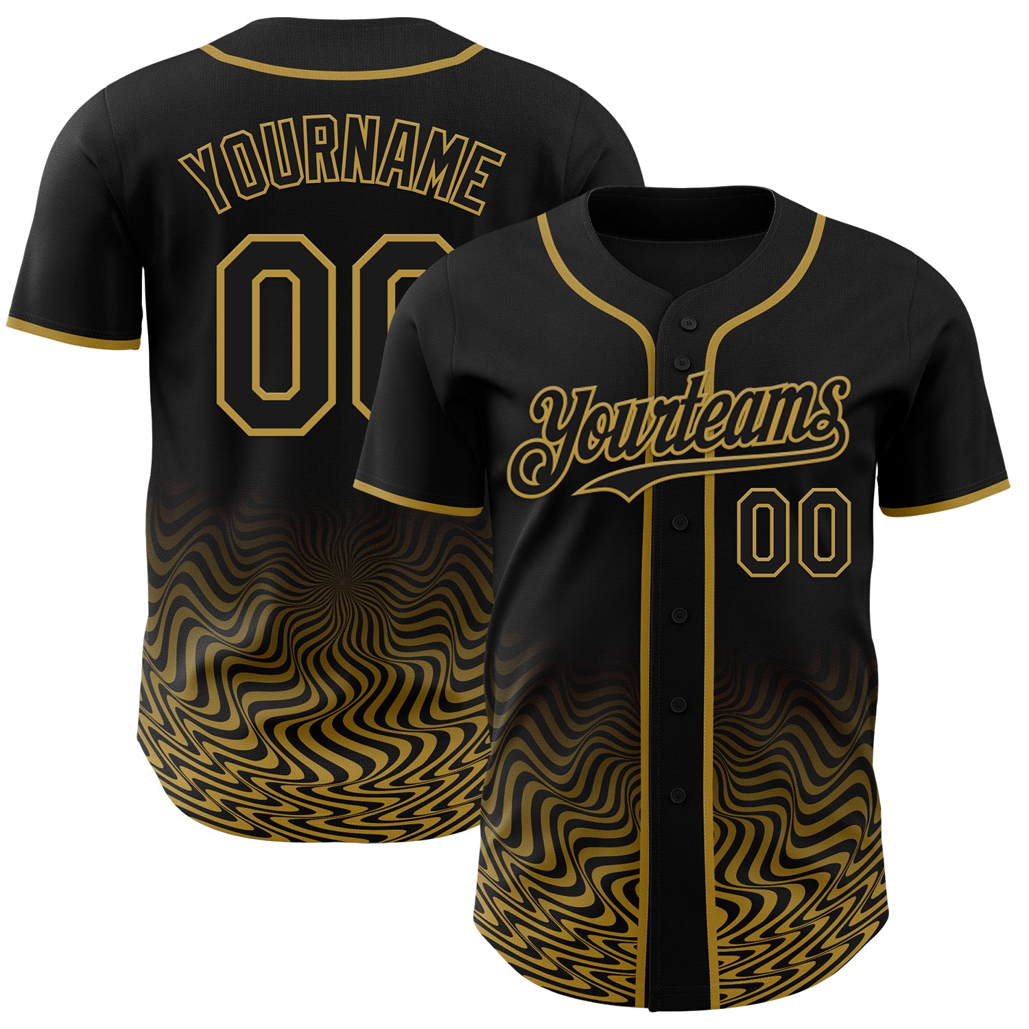Custom Black-Old Gold Fluid Wave Psychedelic Swirl Authentic Baseball Jersey