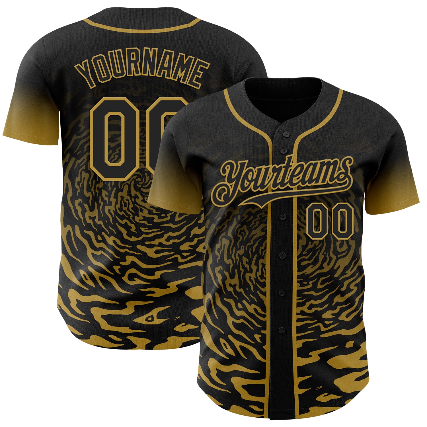 Custom Black-Old Gold Fluid Wave Splatter Gradient Authentic Baseball Jersey